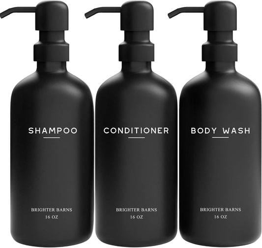 Black Shampoo and Conditioner Dispenser Set by Brighter Barns - Refillable Plastic Shower Soap Dispensers for Bathroom - Body Wash & Shampoo Bottles - Modern Bathroom Decor for Hotel, Airbnb (Black)