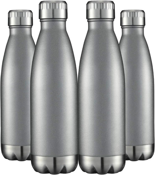 HASLE OUTFITTERS 17oz Stainless Steel Water Bottles Bulk, Vacuum Insulated Water Bottles Double Walled Reusable Metal Sports Water Bottles Keep Drinks Hot and Cold, Gray, 4Packs