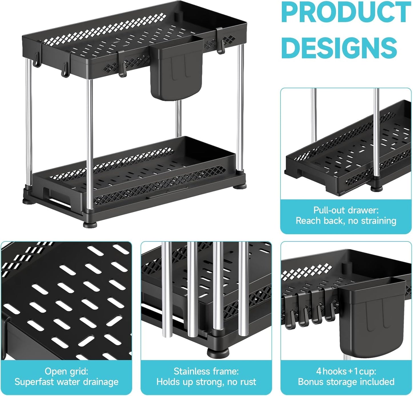 Under Sink Organizer, 2 Tier Pull Out Cabinet Organizer with Hooks Hanging Cup, Easy Installation & Rust-resistant, Multi-Purpose Storage Shelf for Kitchen Bathroom Pantry (Black, 2 Pack)