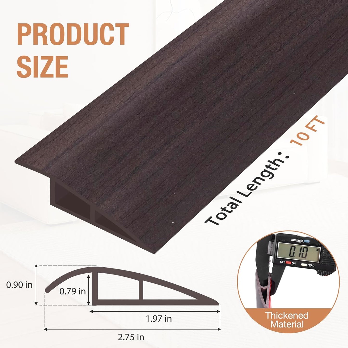 Floor Transition Strip Self Adhesive Vinyl Door Threshold for Doorways Carpet Edging Trim Overlap Edge Reducer for Laminate Floor, Carpet, Tile (Dark Walnut Grain, 3/5" to 4/5", 10Ft)