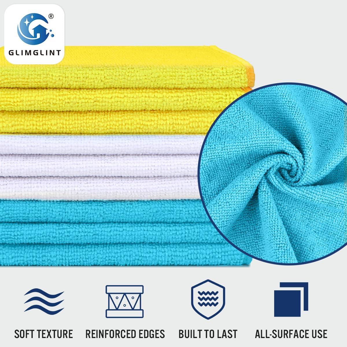 GLIMGLINT Microfiber Cleaning Cloth, 12 Pack Cleaning Rags, Cleaning Towels with 3 Color Assorted, 14"X12"(Yellow/White/Blue)
