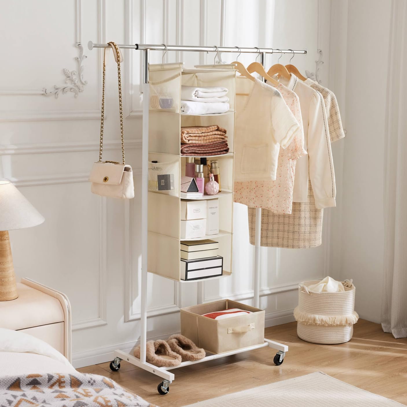 MAX Houser 5 Shelf Hanging Closet Organizer, Space Saver, Cloth Hanging Shelves with 4 Side Pockets, Foldable, Beige
