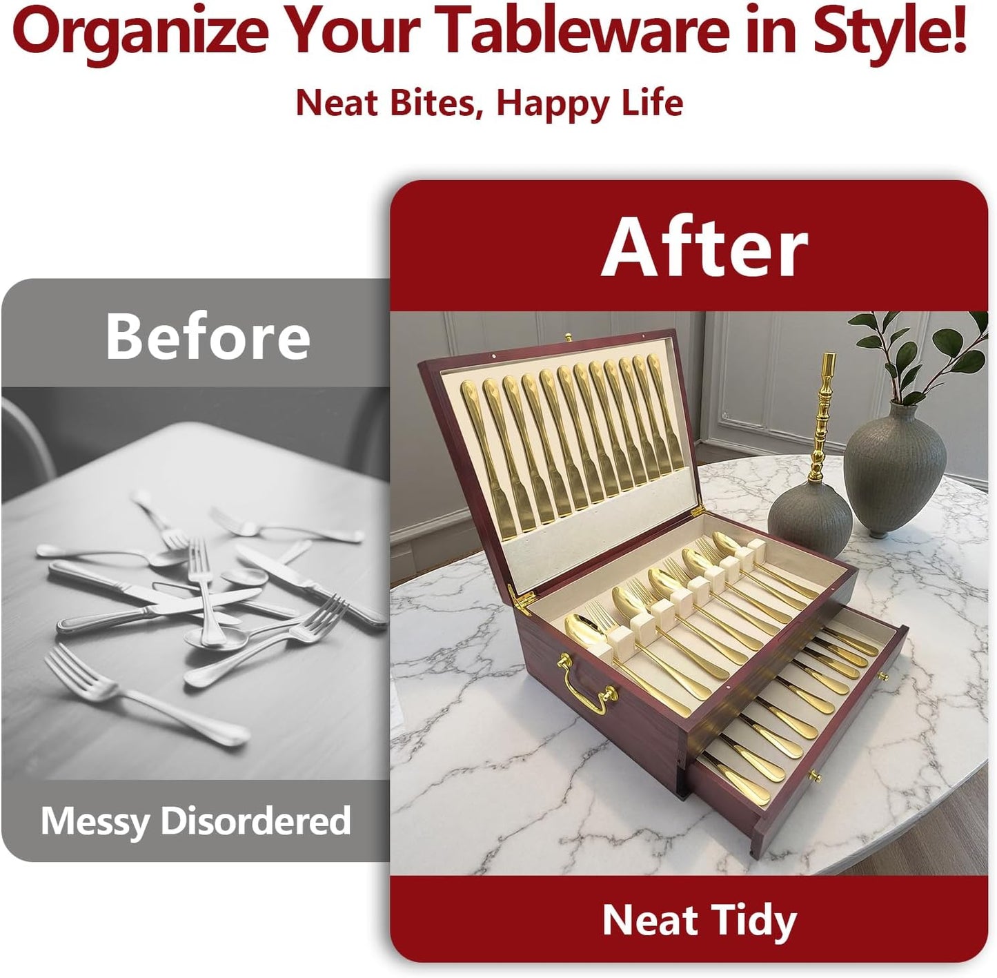 Silverware Storage Box, Kitchen Drawer Organizer, Drawer-containing flap-type storage box, Wood Chest, with Tarnish Proof Felt Lined, Storage Silver Chest for Kitchen (2 layer)