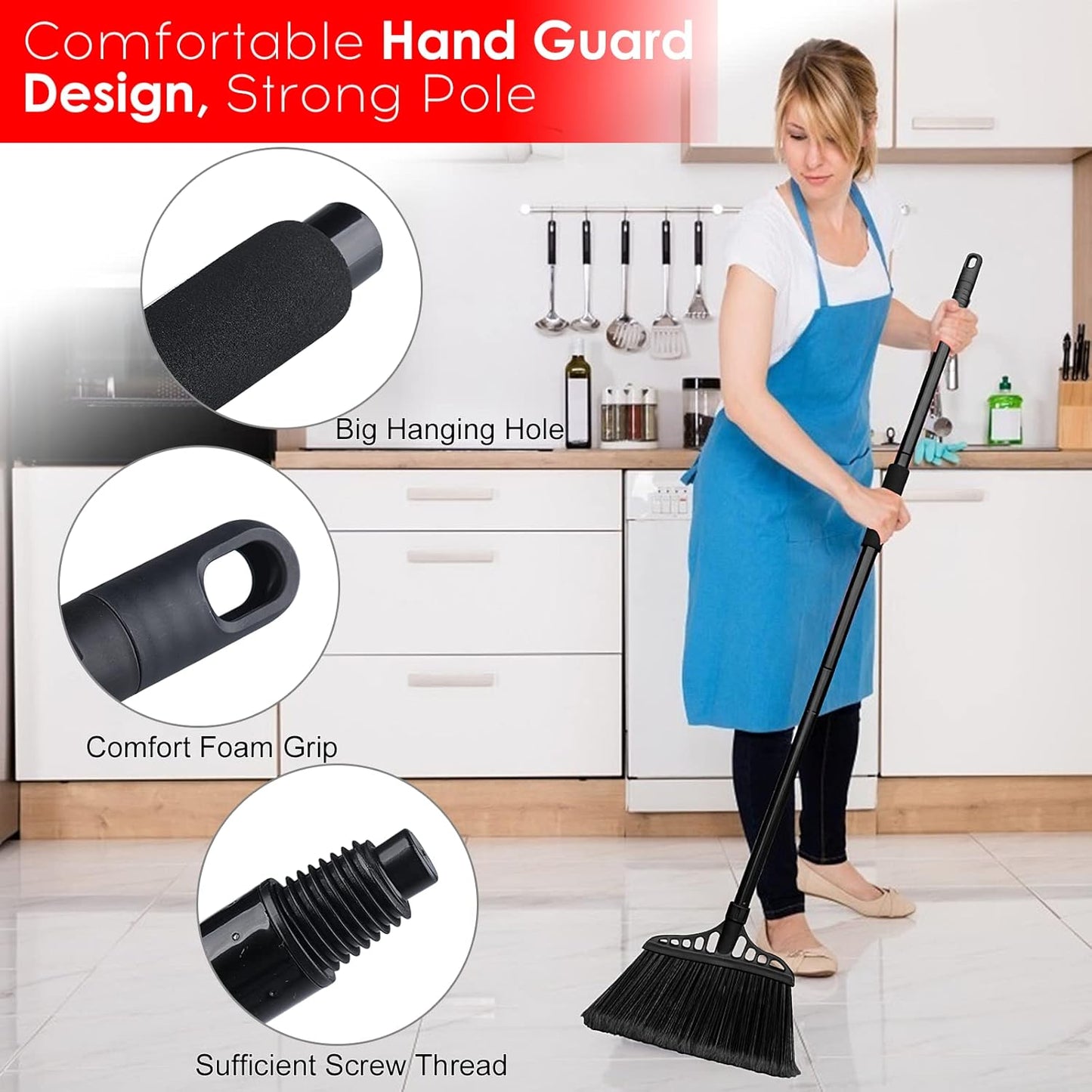 3-Pack Heavy Duty Broom, Commercial Broom with 55" Long Handle Outdoor Indoor, Industrial Brooms for Sweeping Garage Concrete Courtyard Patio Home Kitchen Office - All Black