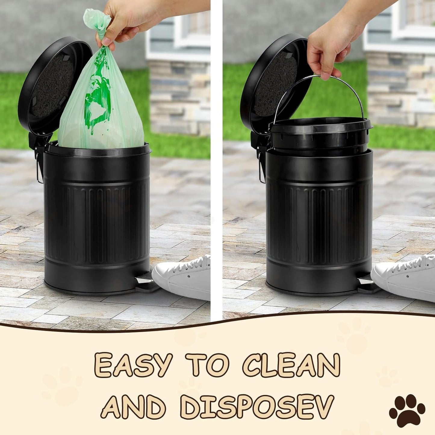 5L/1.3 Gal Dog Poop Trash Can with Lid - Stainless Steel Outdoor Pet Waste Bin, Step Pedal Soft Close Garbage Can for Backyard, Bathroom, Office - Odor Control, Farmhouse Retro Style (Black)