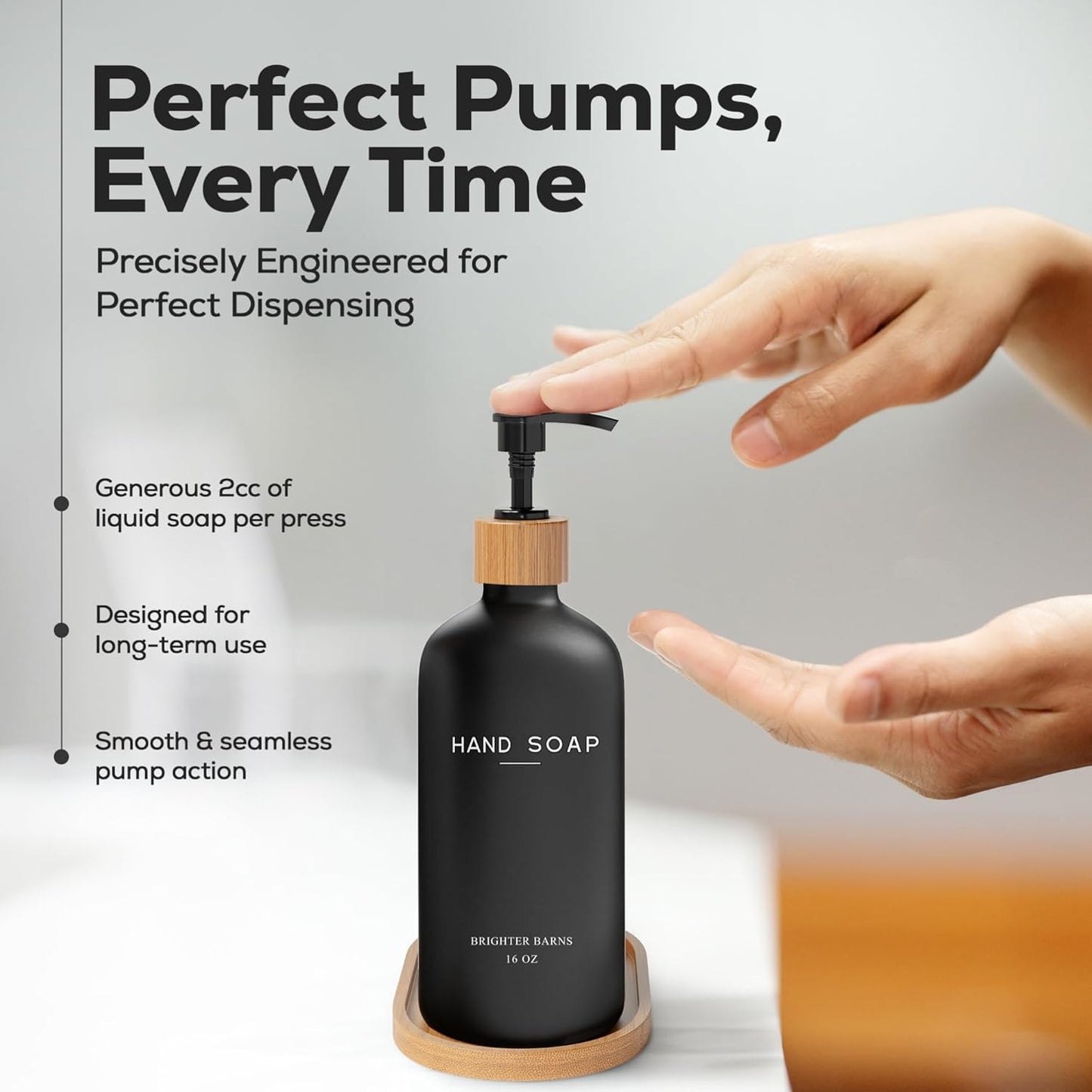 Black Glass Hand Soap Dispenser Bathroom Set by Brighter Barns - Bathroom Soap Dispenser Set with Tray - Glass Pump Bottle - Luxury Bathroom Accessories for Hotel, Vacation Rental, Restaurants (Black)