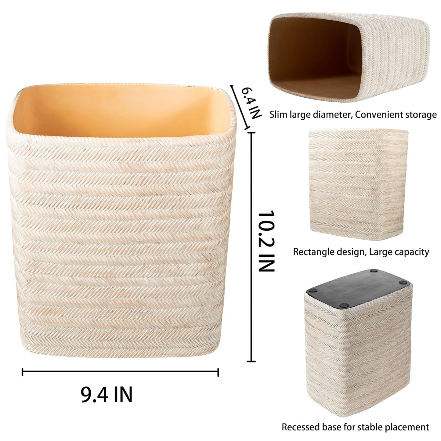 Polytree Bathroom Trash Can 1.8 Gallon Small Kitchen Garbage Can,Decor Wastebasket for Bedroom Office,Resin Hand-Carved Bamboo Wicker,Farmhouse White