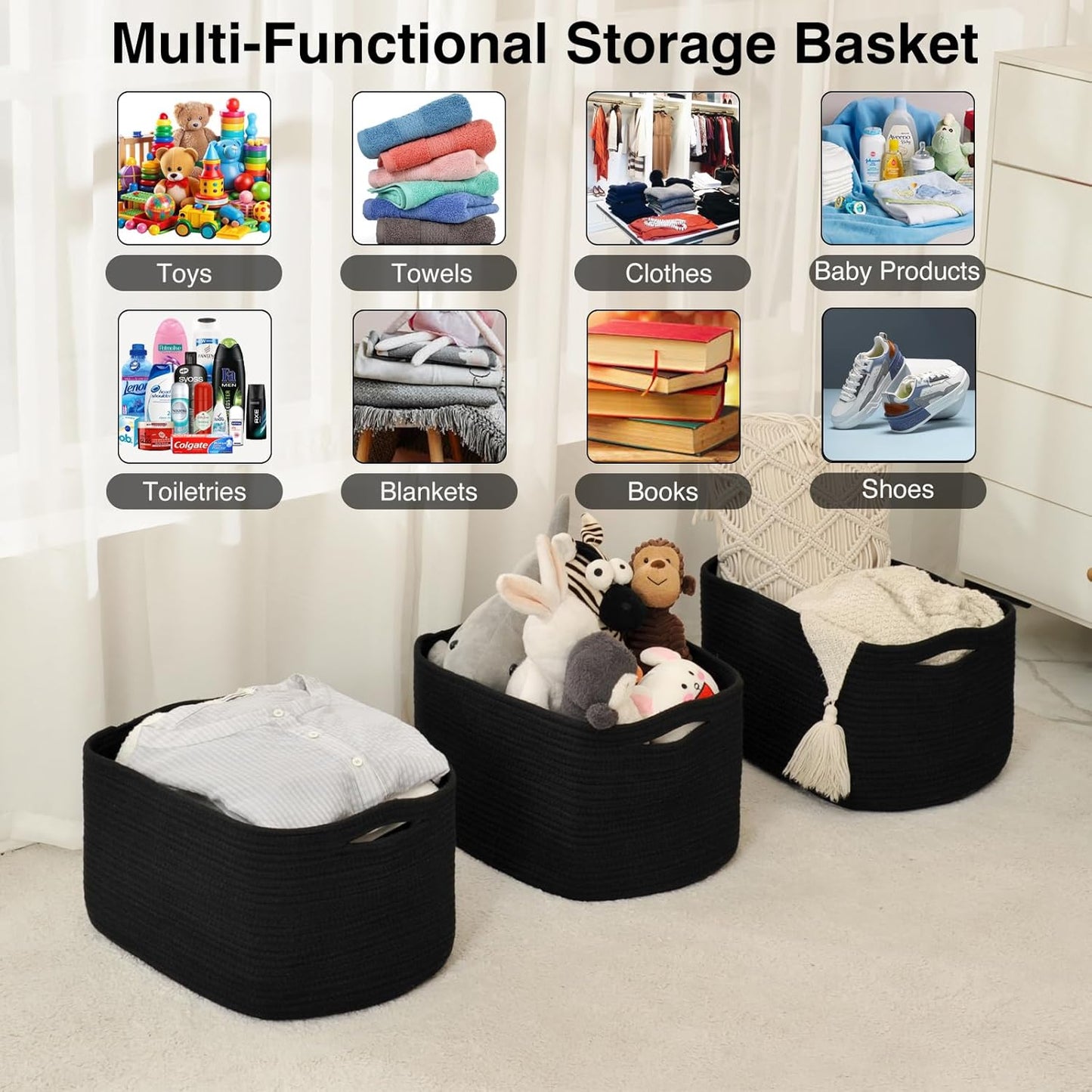 Large Storage Baskets for Organizing Shelves, Woven Cotton Rope Bins for Baby Nursery Organization, Book Toy Towel Organizer, 17"x13"x9.5", 3 Packs, Black