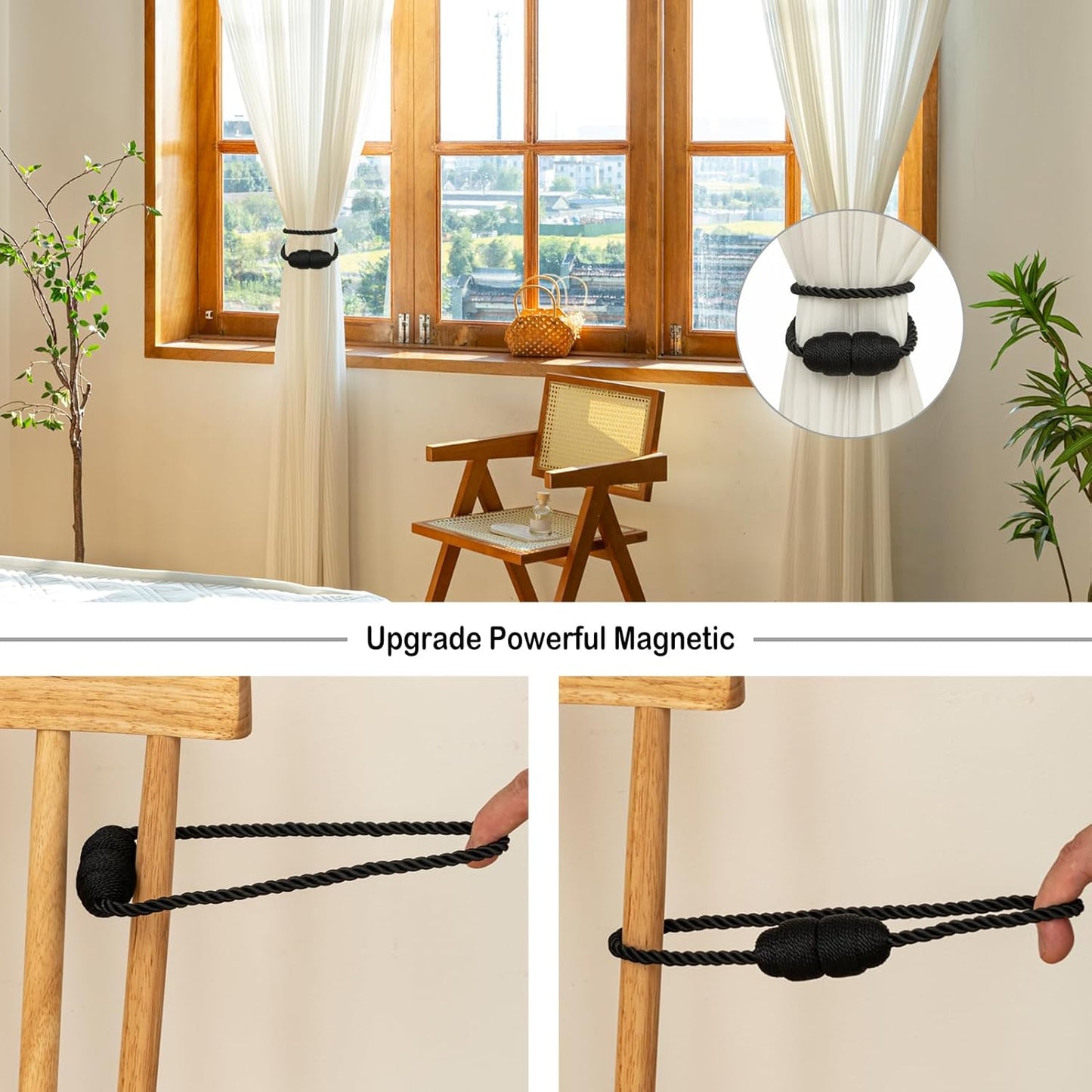 Magnetic Curtain Tiebacks - 2 Pack Rope Curtain Tiebacks for Drapes and Decorative Window Holdbacks, Black