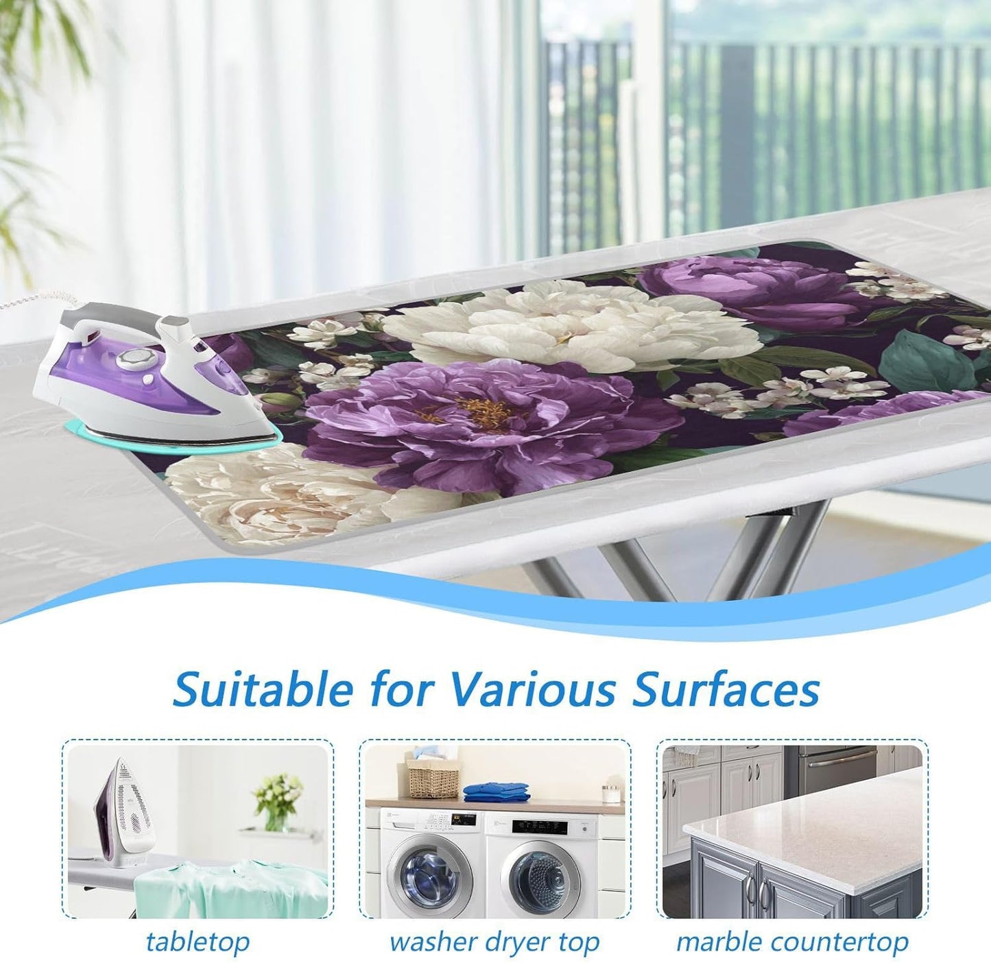 Rose Floral Purple and White Ironing Mat for Table top Portable Ironing Pad Blanket for Washer Dryer Countertop Travel