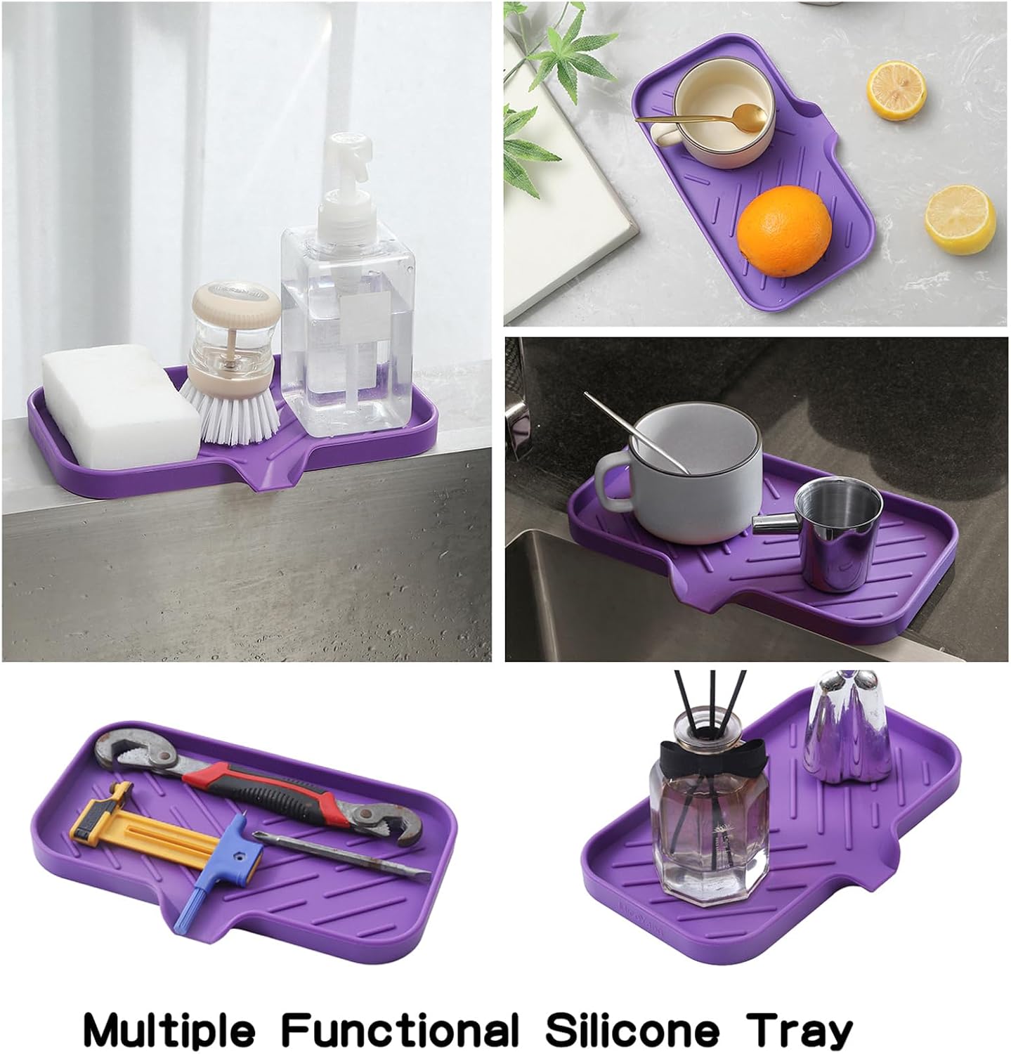 Silicone Bathroom Soap Dishes with Drain Spout-Bathroom and Kitchen Sink Organizer,Sponge Holder,Dish Soap Tray,Perfect for Dispenser,Scrubber,Bottle,Cup on Sink or Counter-Purple 9.6"×5.3"