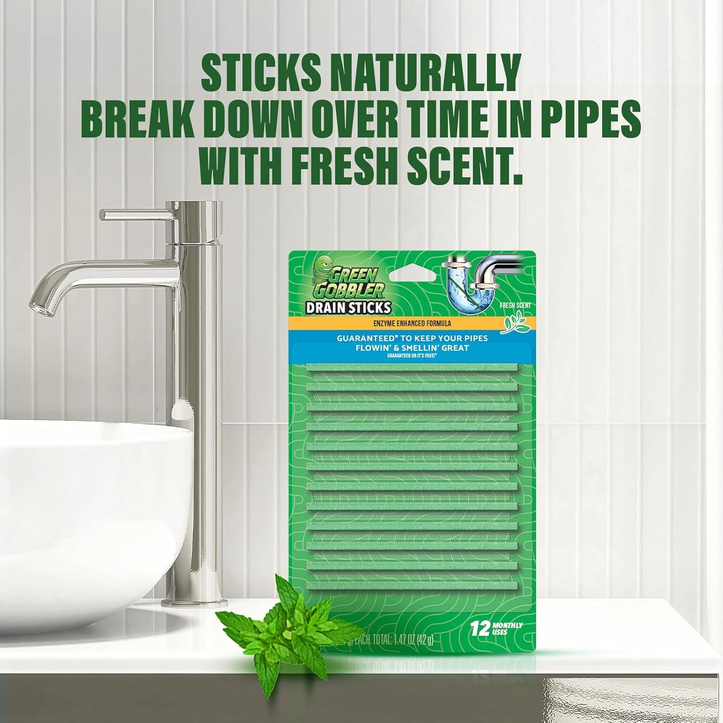 Green Gobbler Drain Cleaner and Deodorizer Sticks with Enzymes - Maintain a Clean Drain, Safe for Pipes and Septic Tanks, Use Monthly - 12 Pack