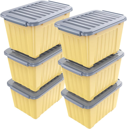 Nazhura Plastic Storage Bin, Stackable and Nestable Storage Boxes with White Lids and Secure Latching Buckles, Large Storage Container (Yellow/Purple, 72Quart-6Pack)