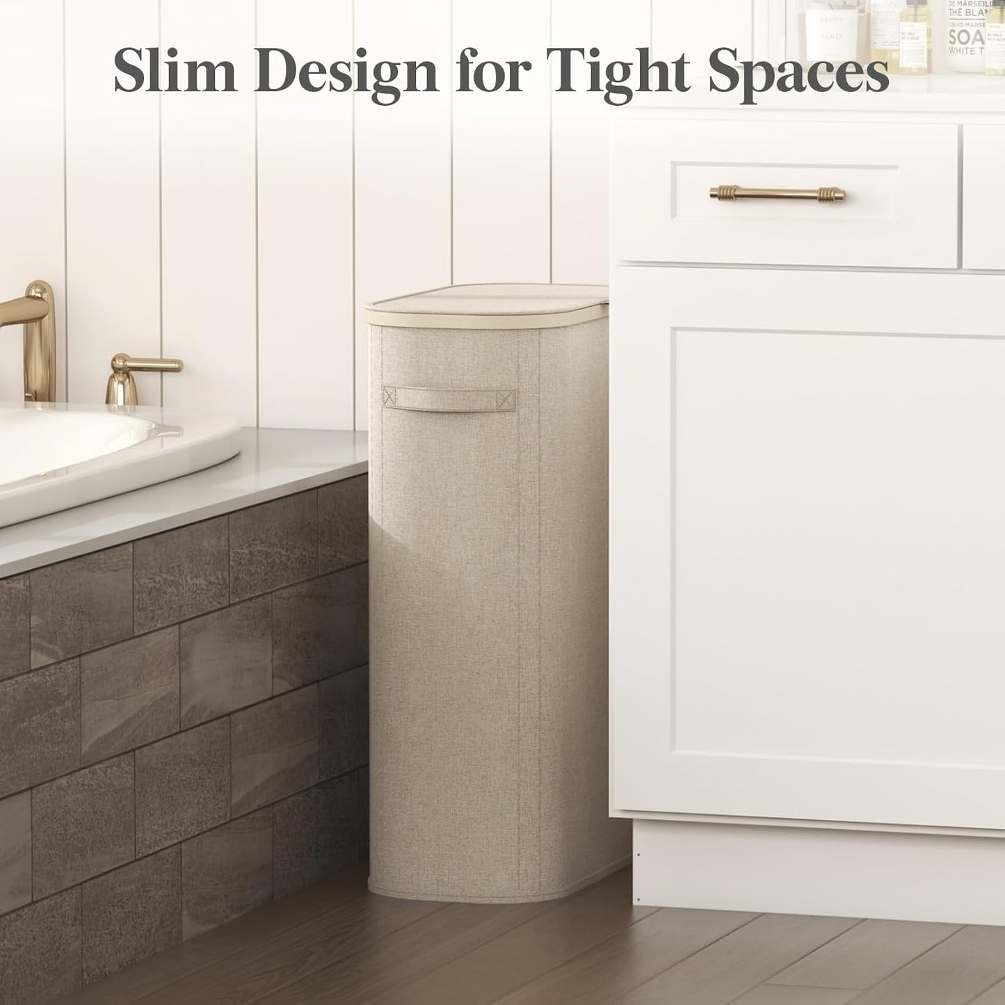 Lifewit 65L Slim Laundry Basket with Lid, Narrow Large Laundry Hamper with Plastic Handles and Removable Bag, Tall Foldable Dirty Clothes Hampers for Laundry Room, Bedroom, Bathroom, Dorm, Beige