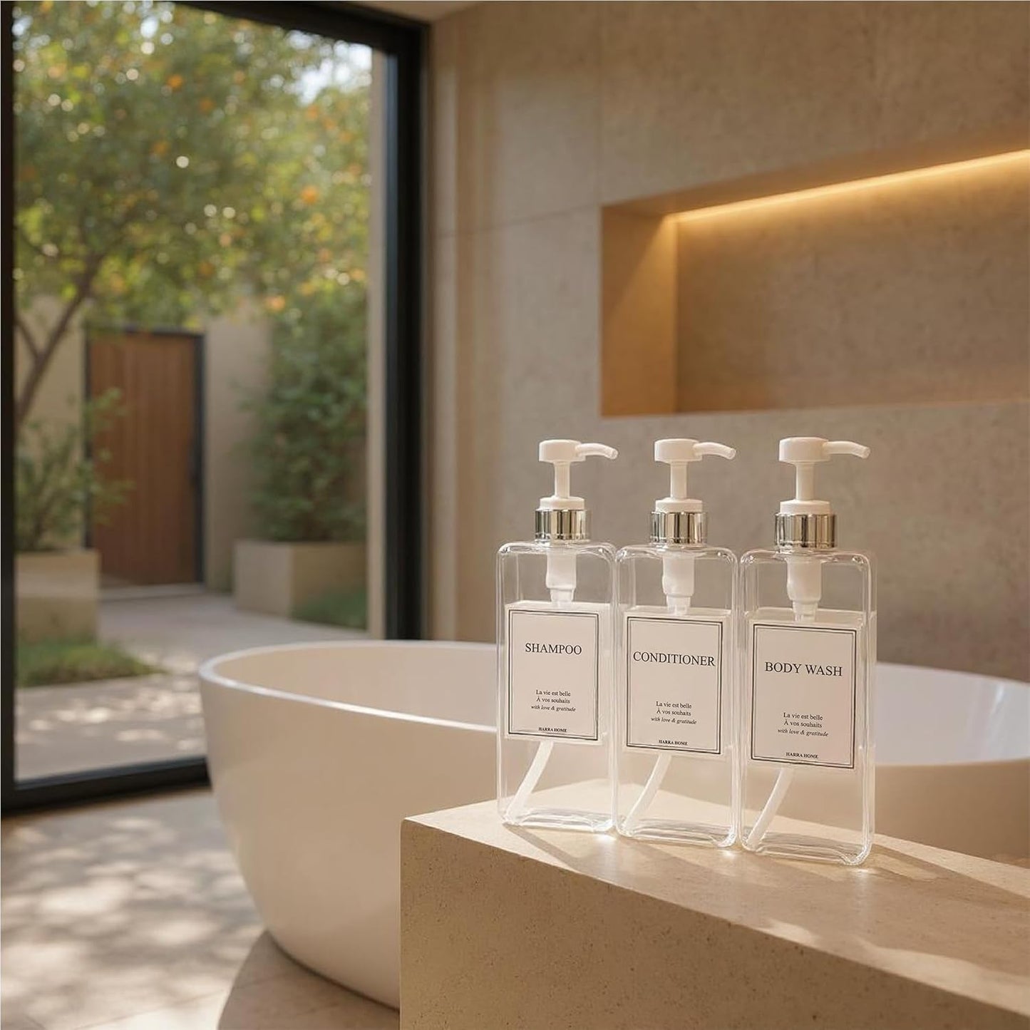 Modern Design Large 27 oz Shampoo and Conditioner Dispensers - Empty Plastic Refillable Pump Bottle Set for Bathroom Shower Soap Dispenser, Set of 3 (Clear & Silver)