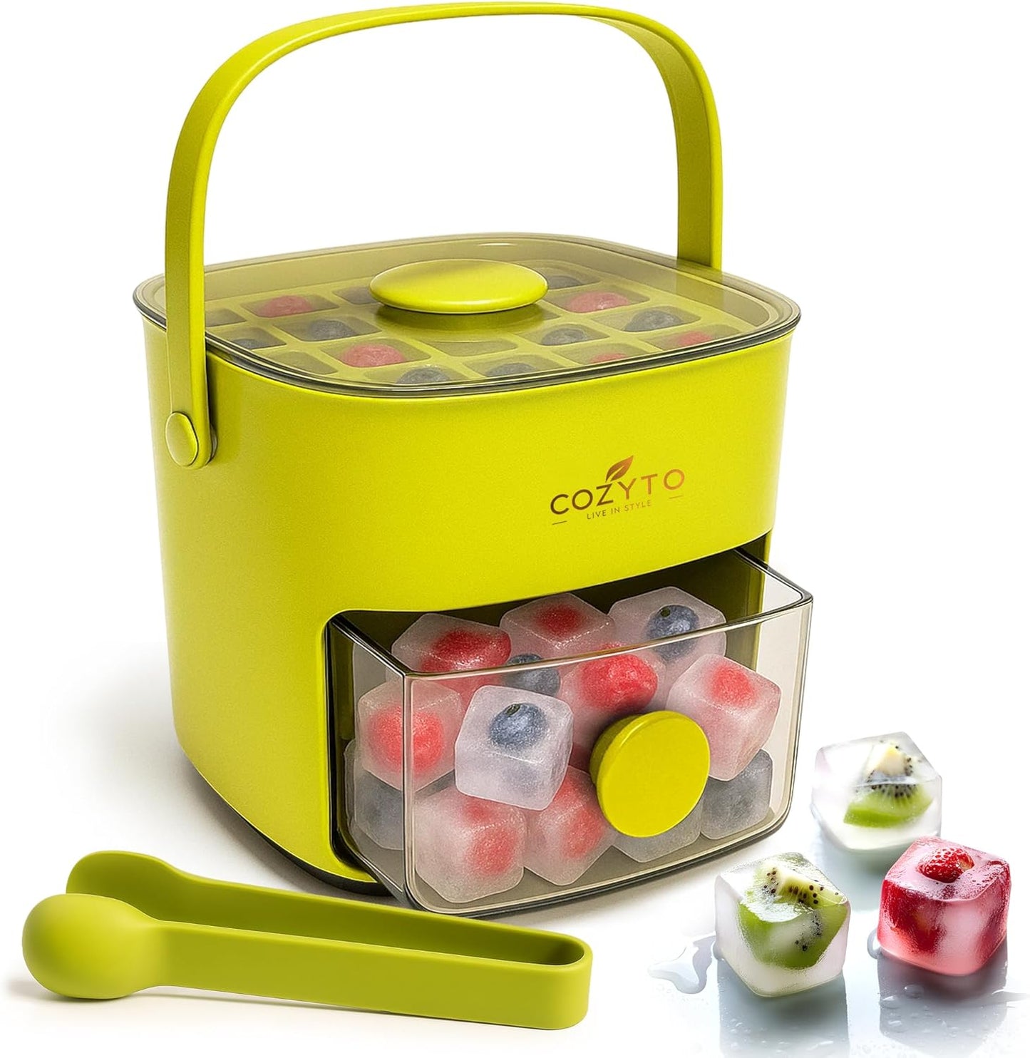 COZYTO CubeGo Ice Cube Tray with Lid and Storage Bin – One-Press Release, 48 Mini Ice Cubes, BPA-Free, Odor-Proof, Includes Scoop – DIY Fruit Ice for Cocktails, Drinks & Smoothies (Avocado Green)