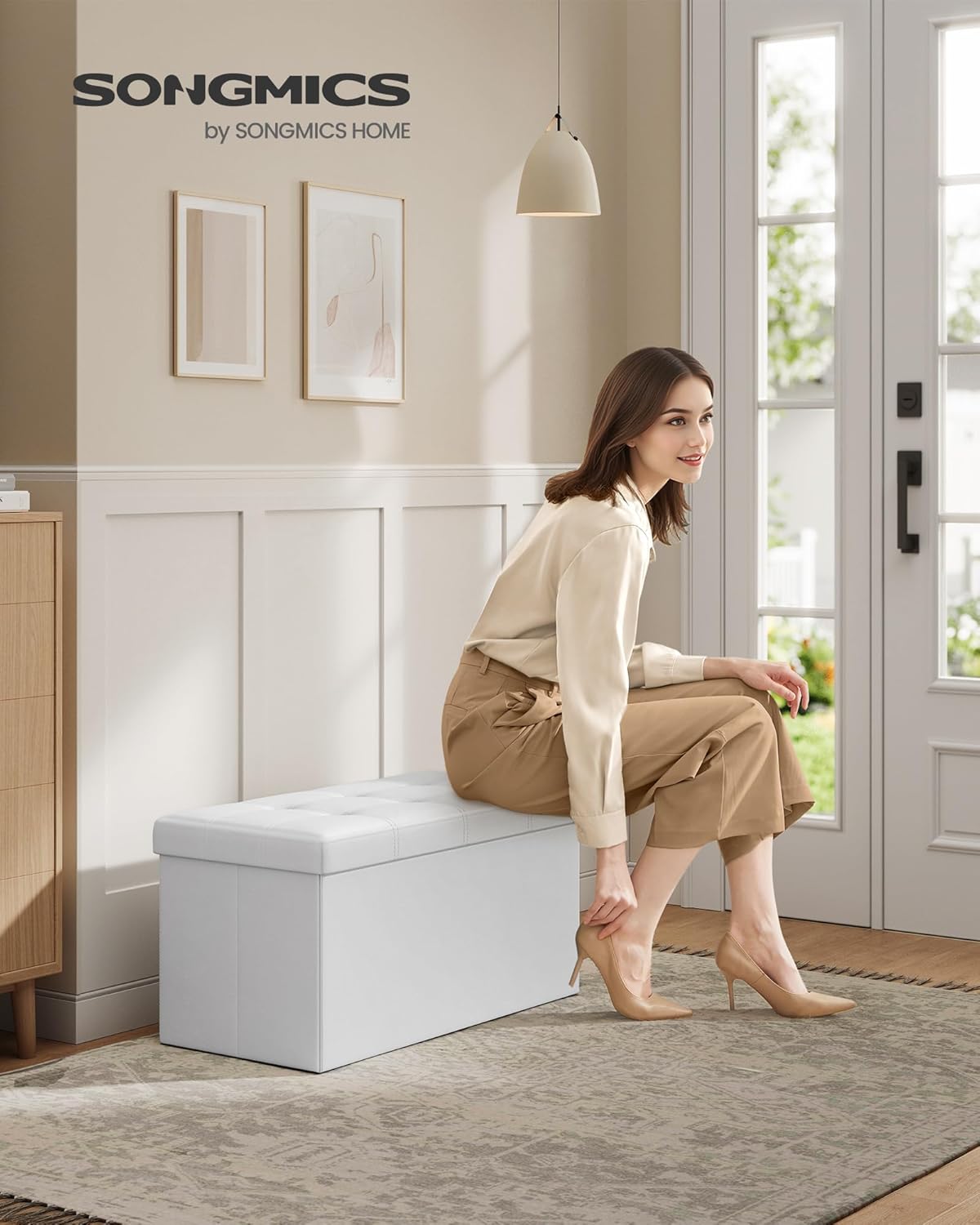 SONGMICS MAZIE Collection - 30 Inches Folding Storage Ottoman Bench, Ottoman with Storage, Foot Rest Stool, Load 660 lb, for Living Room, Synthetic Leather, White ULSF106