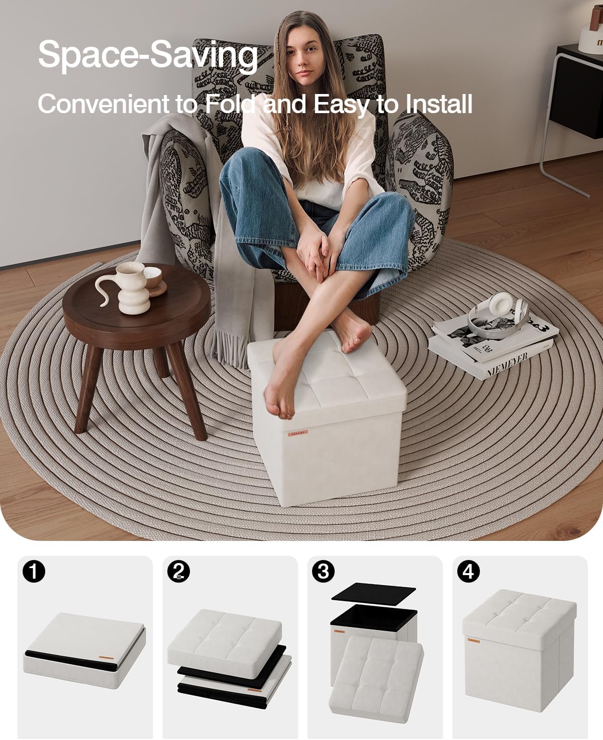 Folding Storage Ottoman, Velvet Storage Bench, Footrest, Footstool,for Living Room, Bedroom and Office,15 x 15 x 15 Inches, 300 kg Load Capacity,Cream White, UASND04W