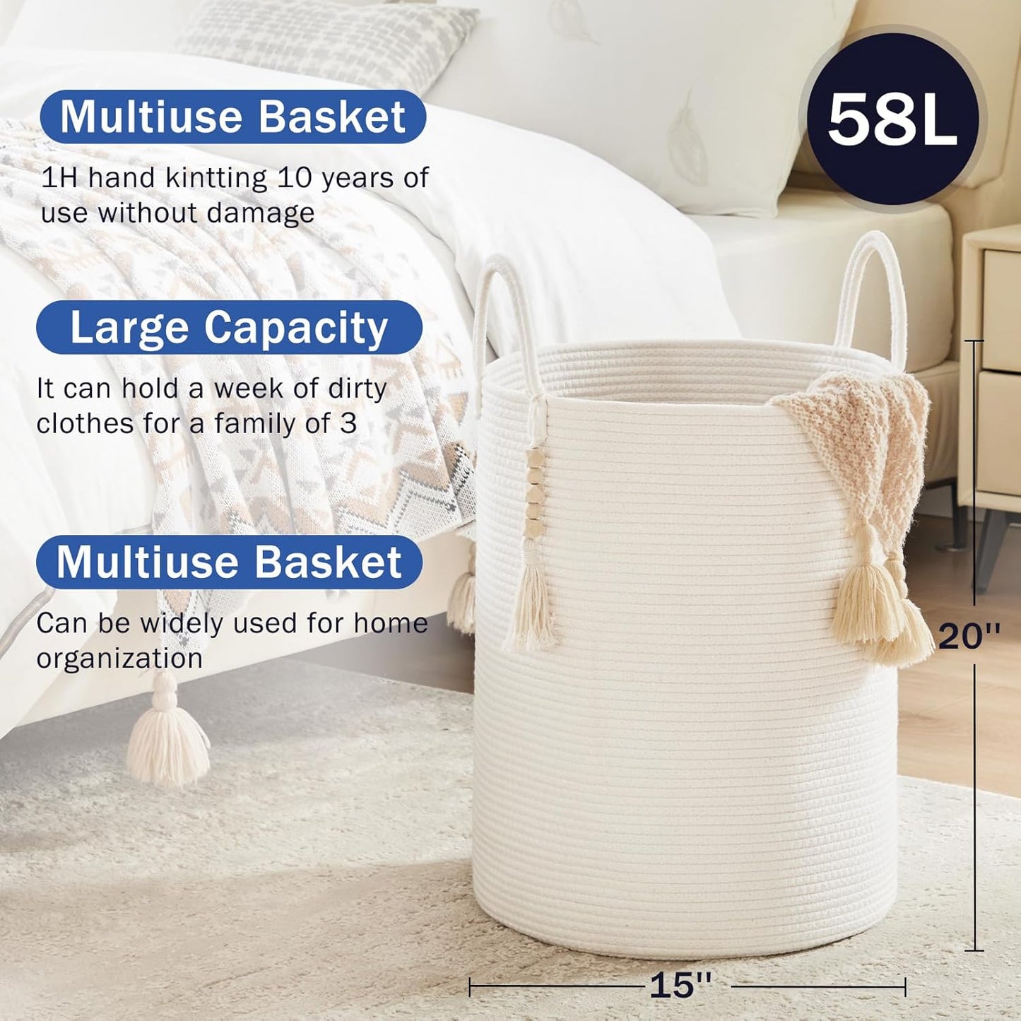 Fiona's magic Woven Rope Laundry Hamper, Tall Laundry Basket for Blanket Storage, Large Dirty Clothes Hamper for Toys, Decorative Baby Nursery Hamper for Bedroom, Living Room - White, 58L