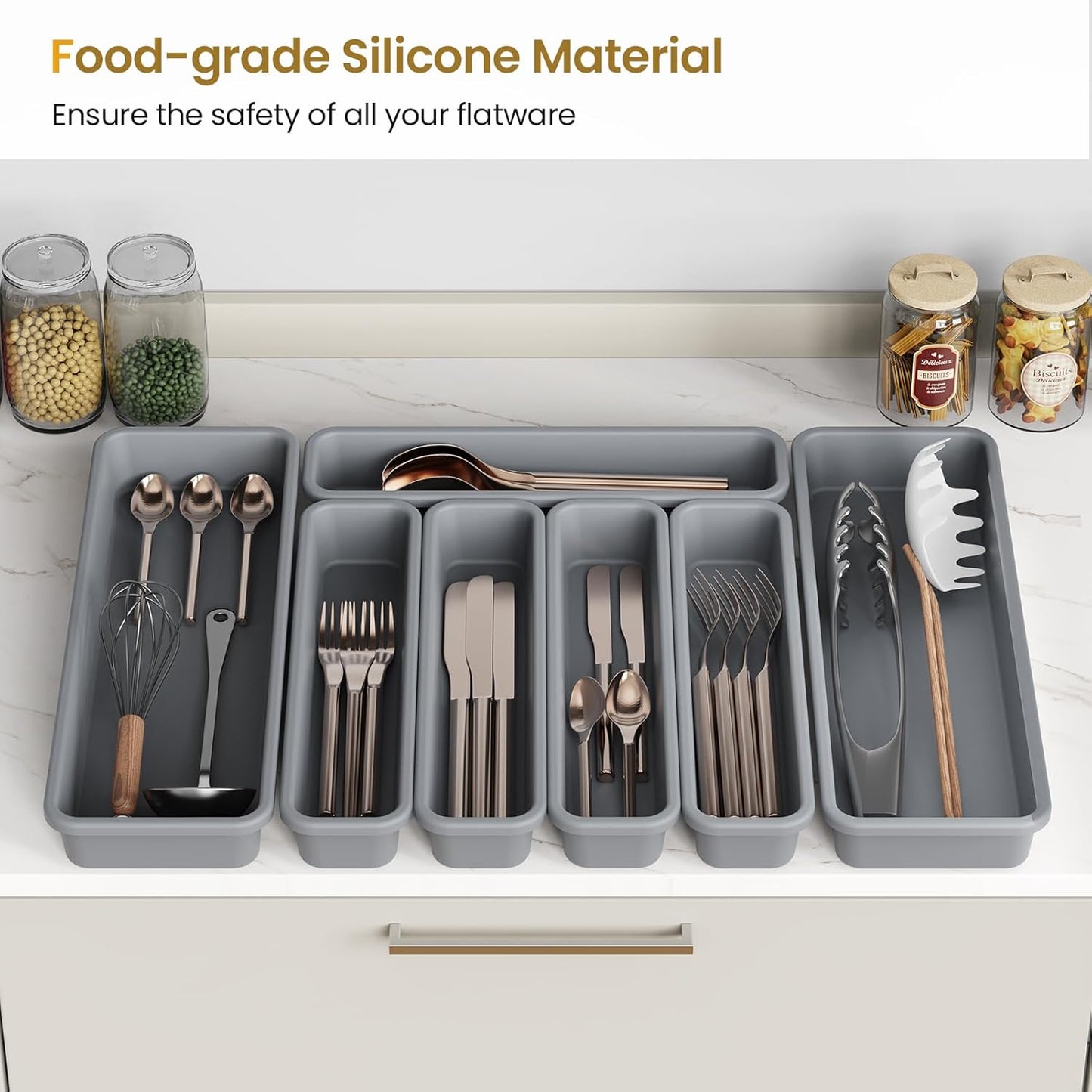 7 Pack Silicone Silverware Drawer Organizer, DIY Free Combination Kitchen Drawer Organizer, Utensil Organizer, Moisture-proof and Heat-resistant up to 200°C, Anti-slip and Environmentally (Grey)