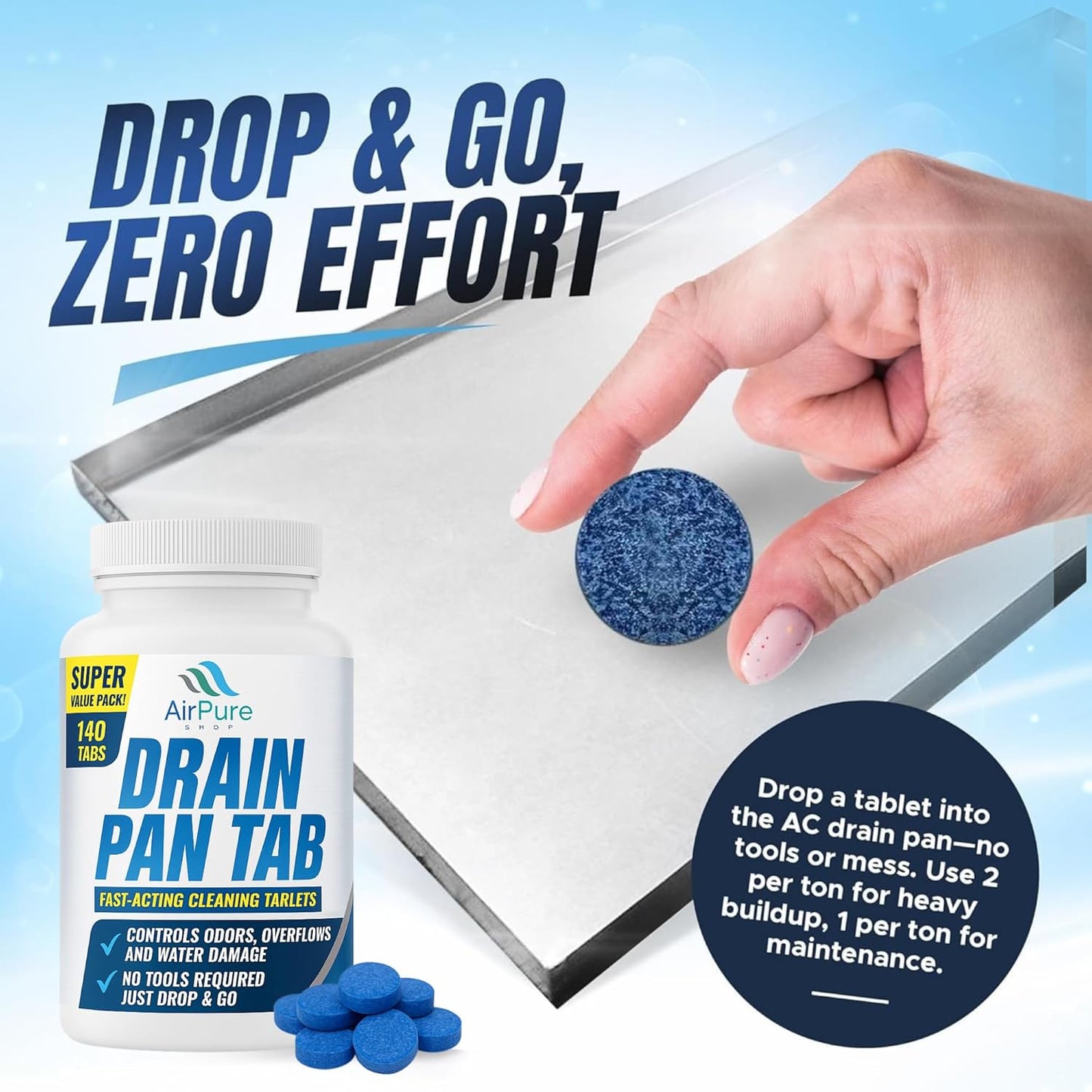 Air Pure Drain Pan Tabs - 140 Flow Treatment Tablets for HVAC & AC Condensate Pan Treatment | Prevents Overflow, Cleans Drain Lines, & Eliminates Odors