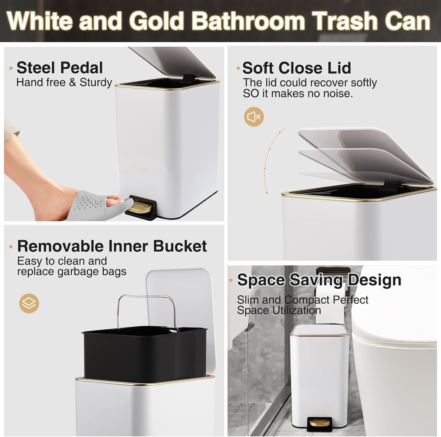 Small Bathroom Trash Can with Lid Soft Close, 1.8 Gallon Stainless Steel Garbage Can with Removable Inner Bucket,3PCS Soap Dispenser,75Count Trash Bag, Slim Step Pedal Trash Bins