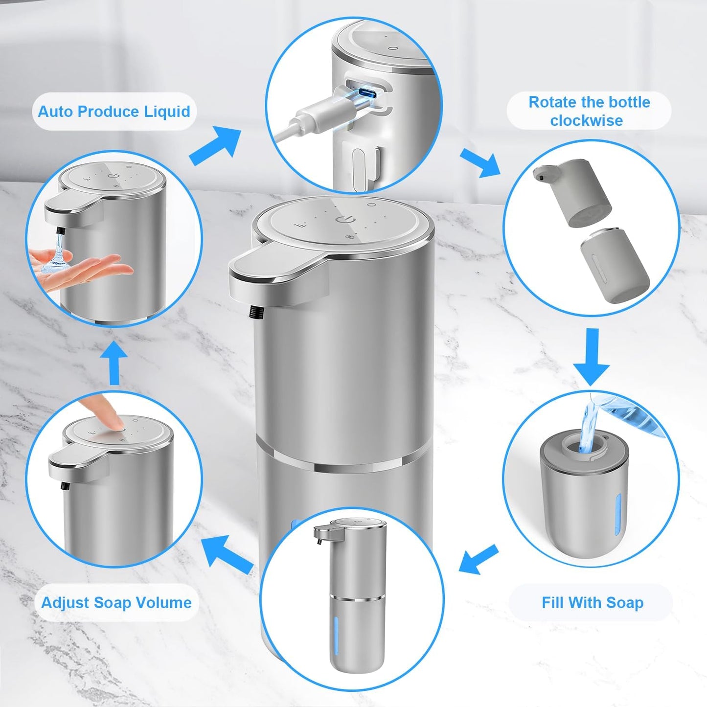 Automatic Foaming Soap Dispenser - Hand Free Pump Touchless Soap Dispenser USB Rechargeable Dispenser with 380ml, 4levels Adjustable Dispenser for Bathroom Kitchen