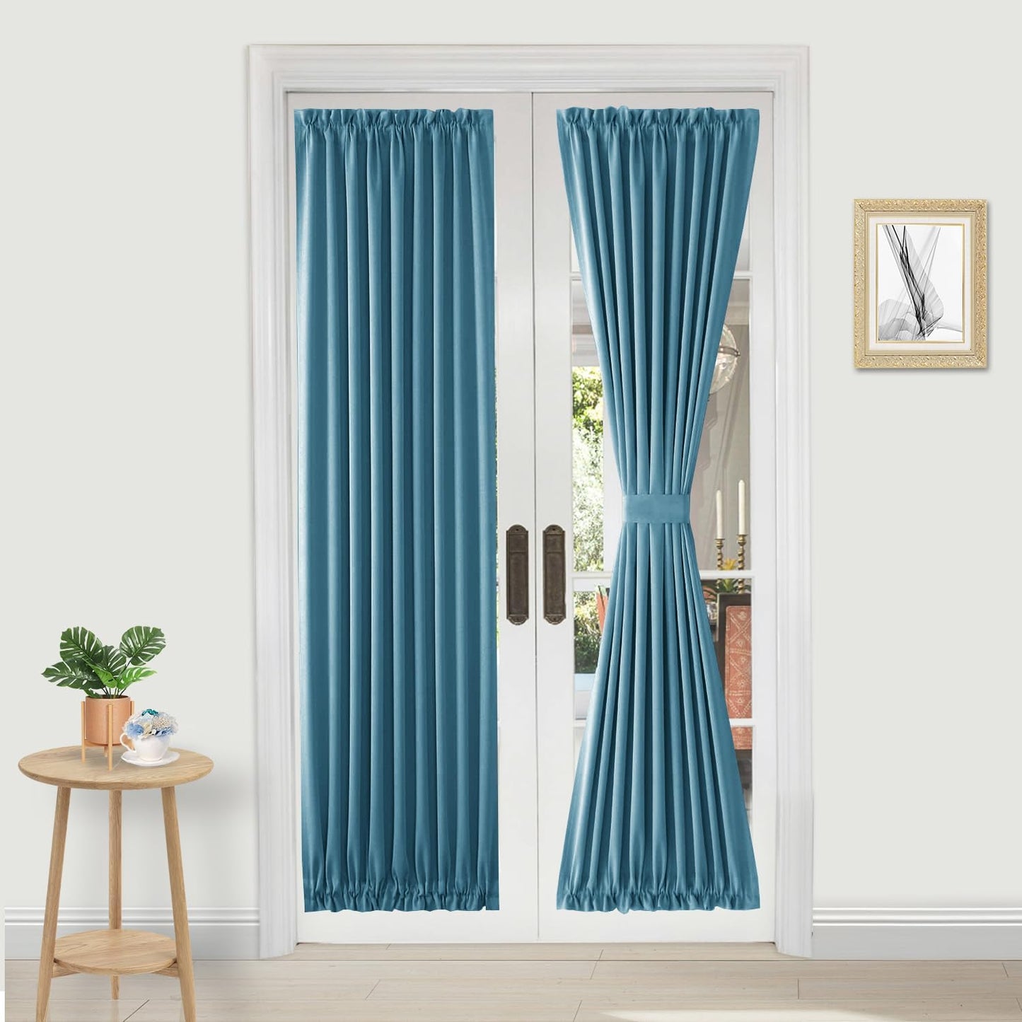DWCN French Door Curtains – Rod Pocket Thermal Blackout Curtain for Doors with Glass Window, Kitchen and Patio Doors for Privacy, 36 X 72 Inches Long, 1 Curtain Panel with Tieback, Stone Blue