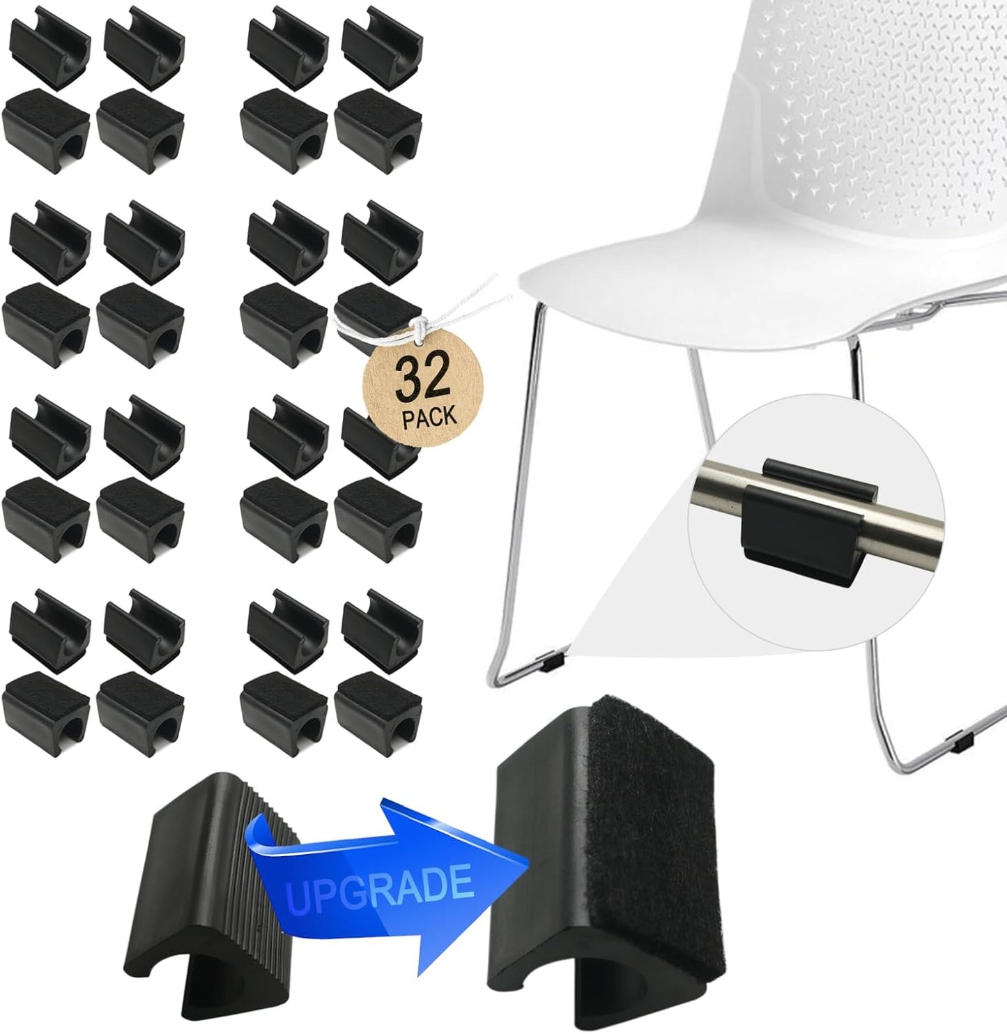 Rectangle U Shaped Chair Leg Tips Cap with Felt Pads,Furniture Feet Protector Slide Smoothly Glides,Protect Hardwood Floor No Scratches No Noise,Fit 14mm(9/16inch) Diameter Tubular Legs (Black 32PCS)