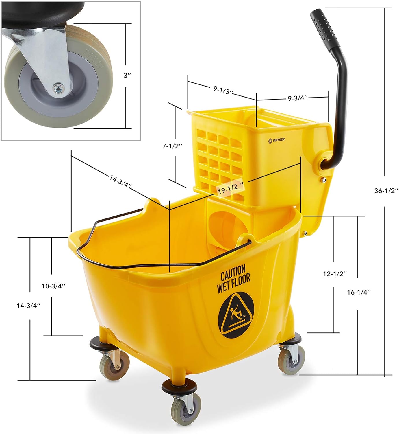 Dryser Commercial Side Press Wringer Combo Mop Bucket, 33 Quart, Yellow