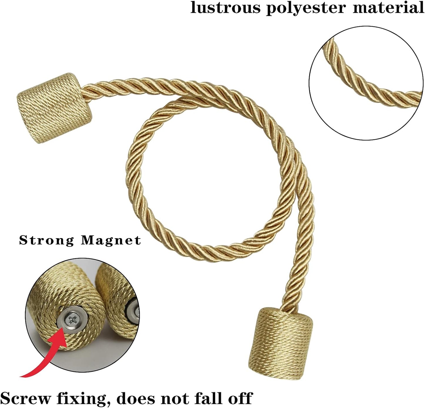 4 Pack Gold Strong Magnetic Curtain Tiebacks Outdoor Elegant Decorative Tie Backs Modern Rope Tiebacks for Drapes Window Curtain Holdbacks for Draperies