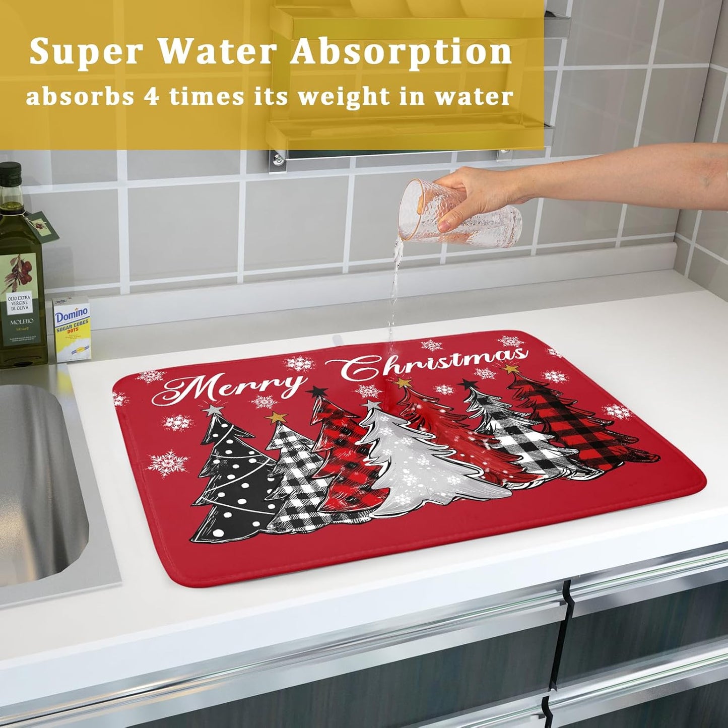Merry Christmas Dish Drying Mats for Kitchen Counter 18x16 Inch Christmas Tree Snowflake Mat Xmas Buffalo Plaid Dish Rack Mat Reversible Absorbent Dishes Pad Kitchen Accessories for Counter tops