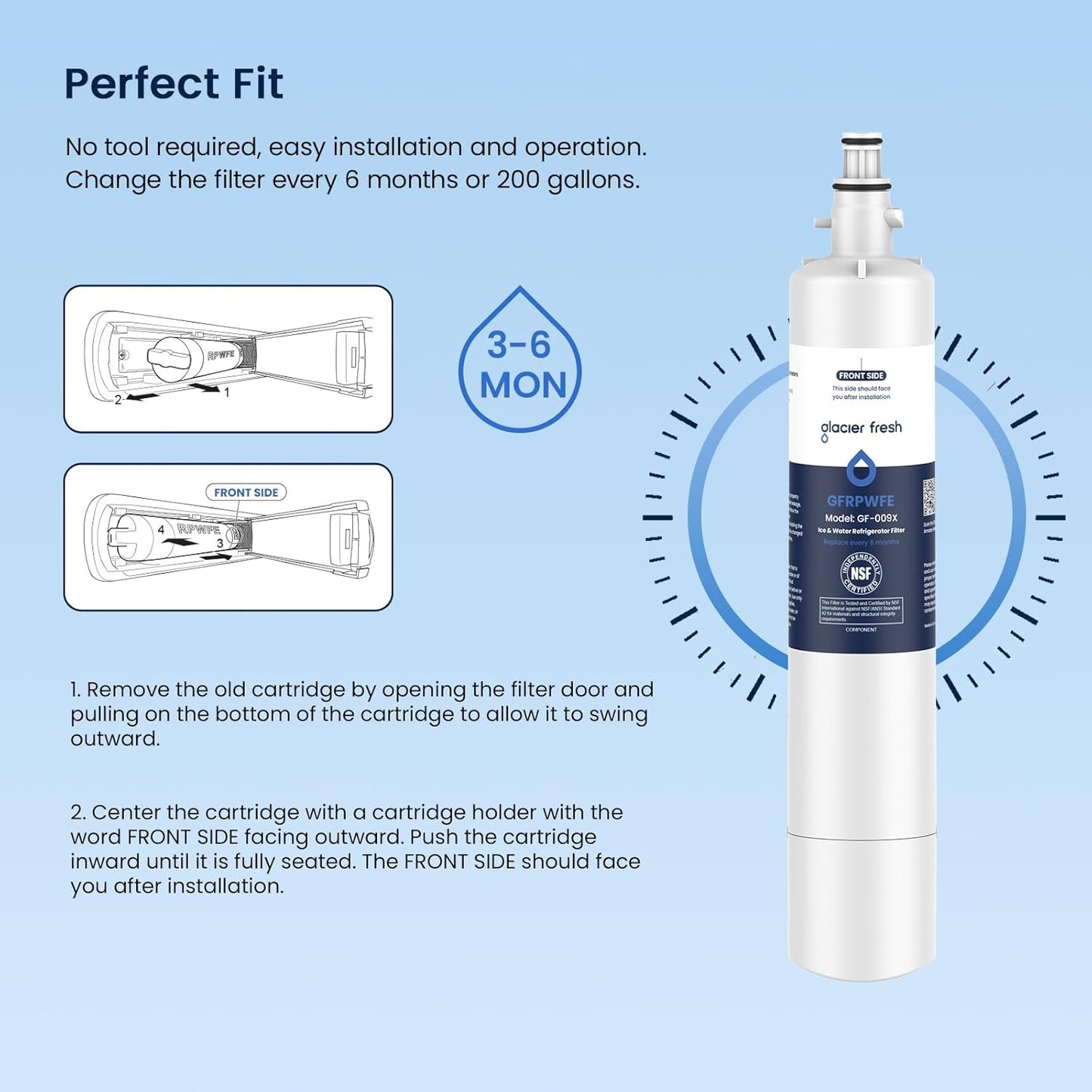 GLACIER FRESH Replacement for RPWFE, RPWF (Built-in CHIP) Refrigerator Water Filter, Compatible with GFE28GYNFS, GFE28GELDS, PFE28KELDS, PFE28KYNFS, GFD28GELDS, PWE23KELDS, PWE23KMKES, 3 Pack