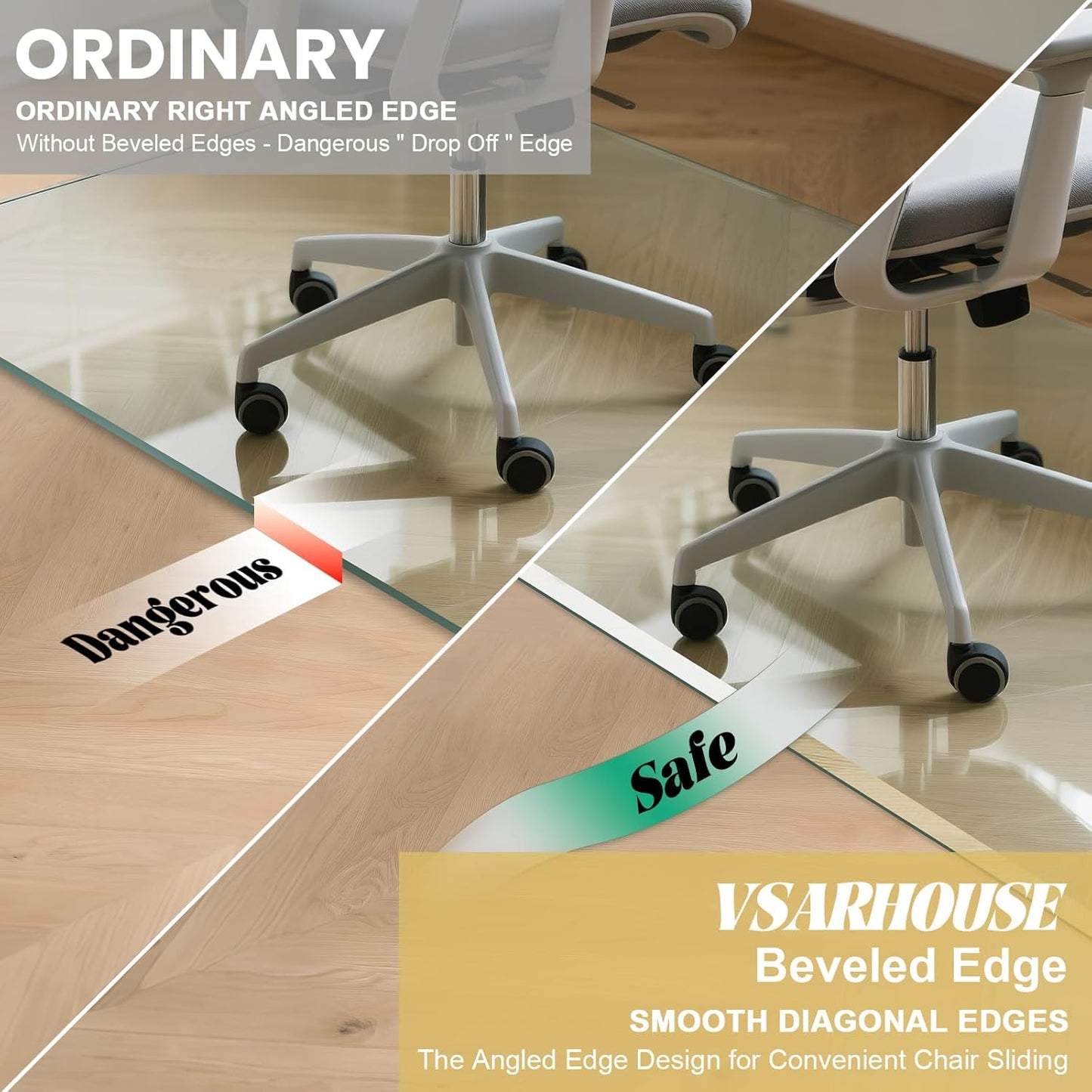 VSARHouse Beveled Edge Tempered Glass Office Chair Mat, 46"x36" Heavy Duty Glass Floor Mat for Carpet or Hard Floors, with Non-Slip Pads, Easy to Slide, Thick 1/5", Octagon, Patent No.30004842