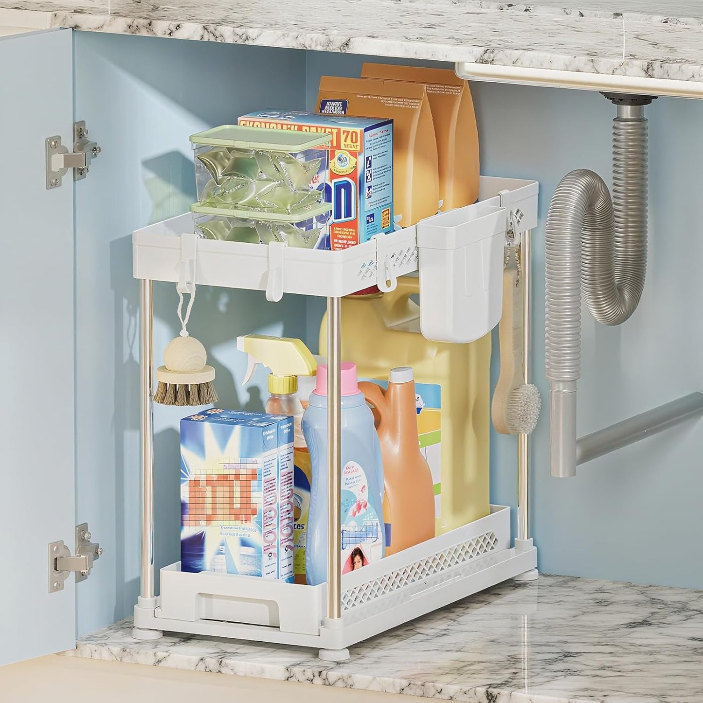 Under Sink Organizer, 2 Tier Pull Out Cabinet Organizer with Hooks Hanging Cup, Easy Installation & Rust-resistant, Multi-Purpose Storage Shelf for Kitchen Bathroom Pantry (White,1 Pack)