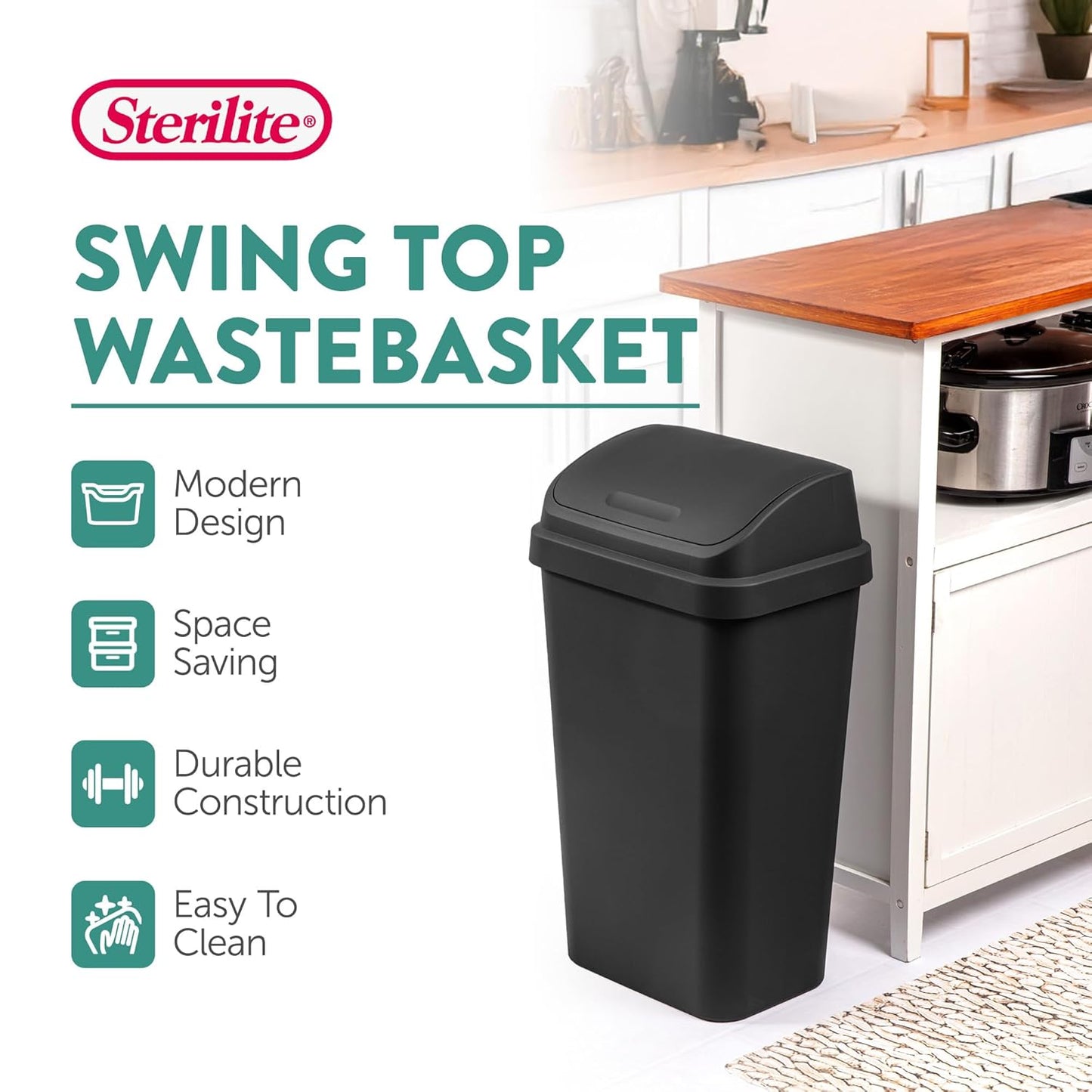 Sterilite 16-Pack Swing Top Wastebasket, Sleek Square Profile Trash Can, 13 Gallon, Black - Modern Garbage Bin for Kitchen, Bathroom, Garage and Workspace, Fits 13 Gal Liners