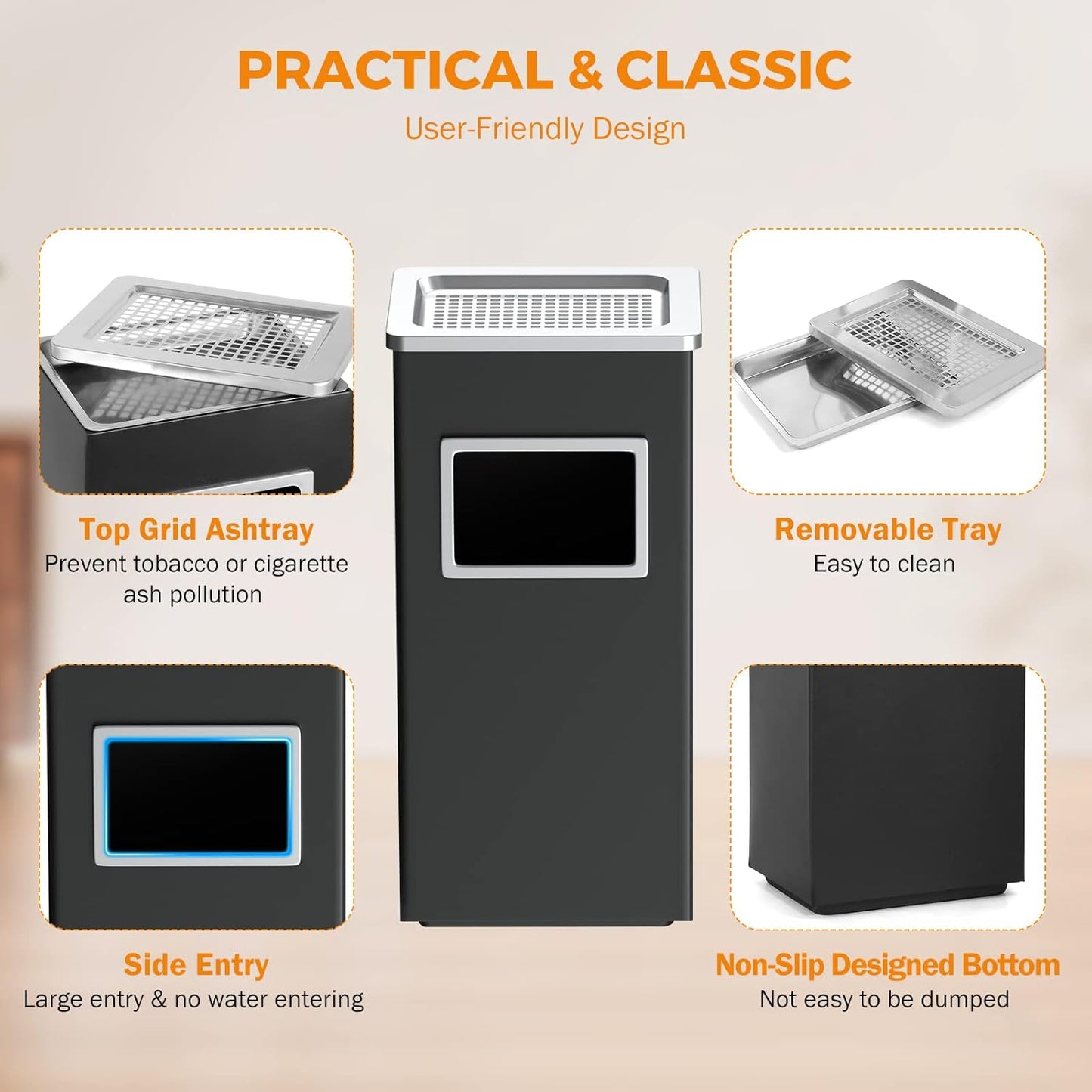 BEAMNOVA Trash Can Indoor Outdoor Black Stainless Steel Commercial Garbage Can Industrial Garbage Enclosure Inside Cabinet with Lid Waste Container, Black, 31 * 25 * 61 cm / 12.2 * 9.8 * 24 in