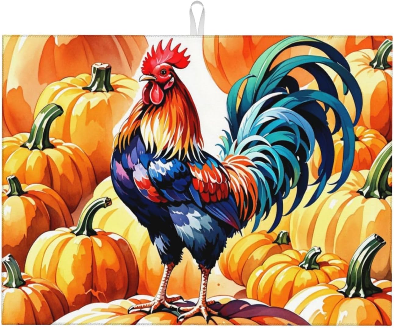 Rooster Pumpkin Dish Drying Mat Highly Absorbent Double-Sided Microfiber with Hanging Loop Reversible Drain Dish Rack Mat Drain Mat Suitable for Kitchen Countertop Coffee Bar 18 x 24 Inch