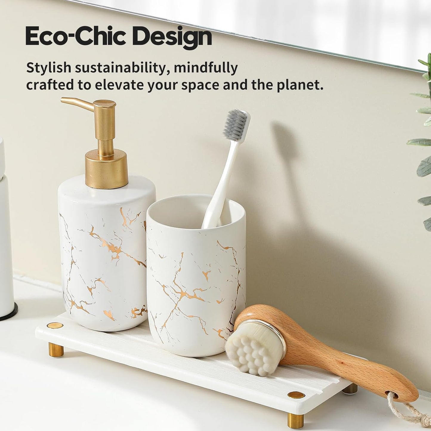 Instant Dry Sink Caddy Kitchen Sink Organizer, Quick Drying Diatomaceous Earth Stone Sink Tray Sponge Holder Soap Dish, Bathroom Countertop Vanity Dispenser Toothbrush, Gold White, 10" x 4"