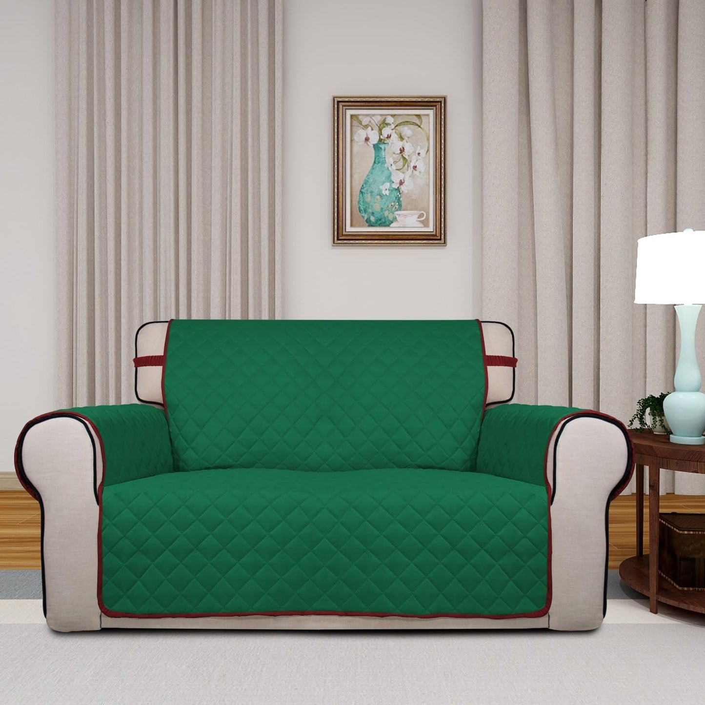 PureFit Reversible Quilted Sofa Cover, Water Resistant Slipcover Furniture Protector, Washable Couch Cover with Non Slip and Elastic Straps for Kids, Dogs, Pets (Loveseat, Green/Red)