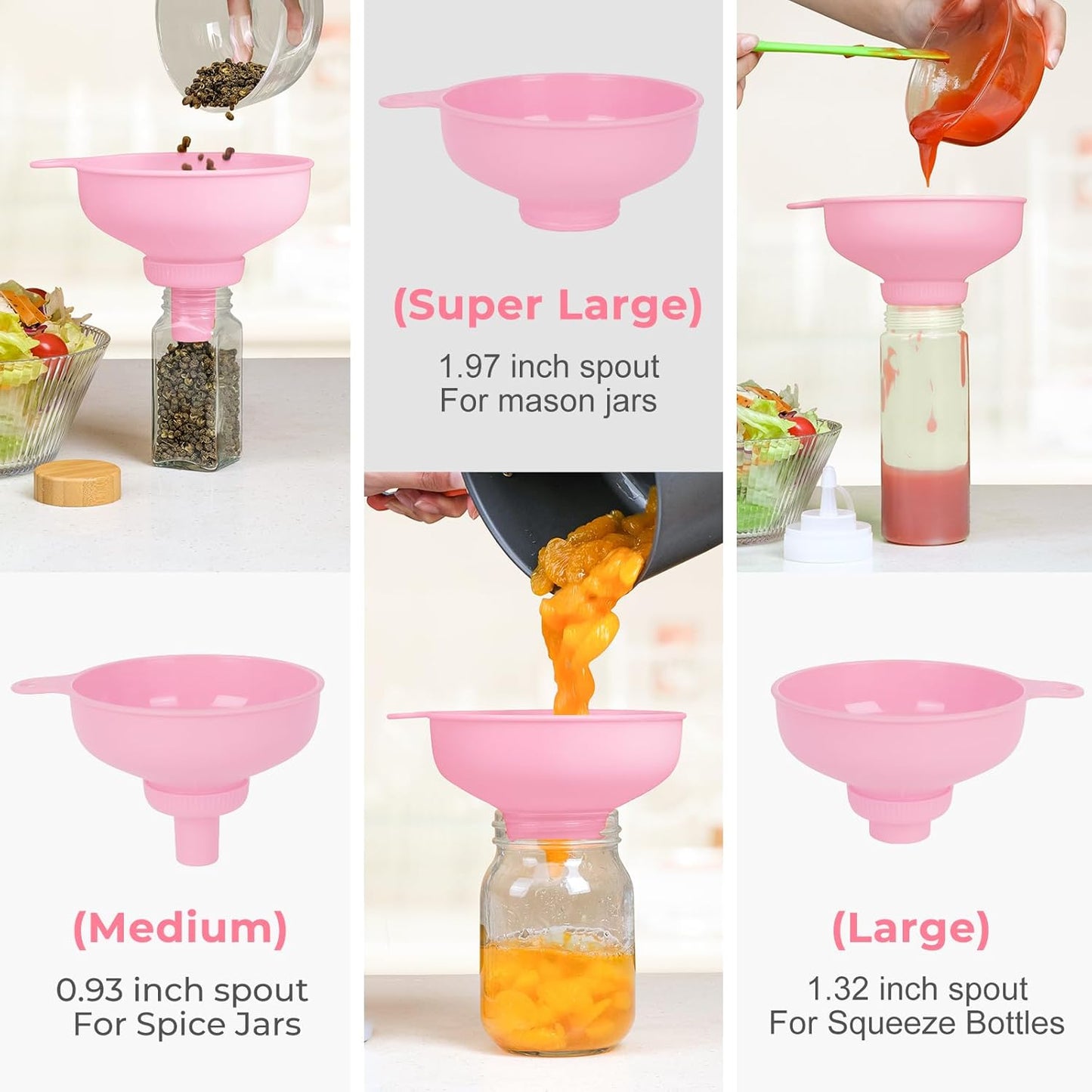 Wide Mouth Kitchen Funnel, Food Grade Plastic Cooking Canning Funnel with 4 Sizes Spouts for Filling Wide and Regular Mason Jars, Spray Dropper Oil Bottle Jug Spices Shampoo Sauce
