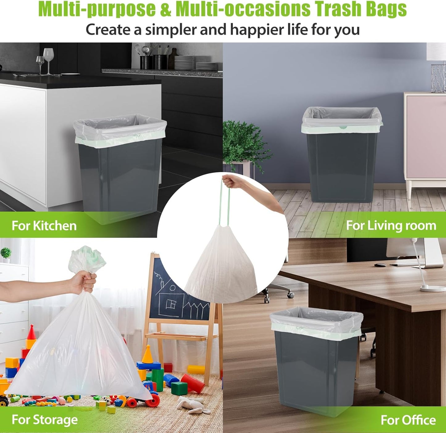 Large Trash Bags 13 Gallon Tall Kitchen Drawstring 100% Post-Consumer Recycled Garbage Bags Waste Bag for Office 0.6 Mil (110 Count)