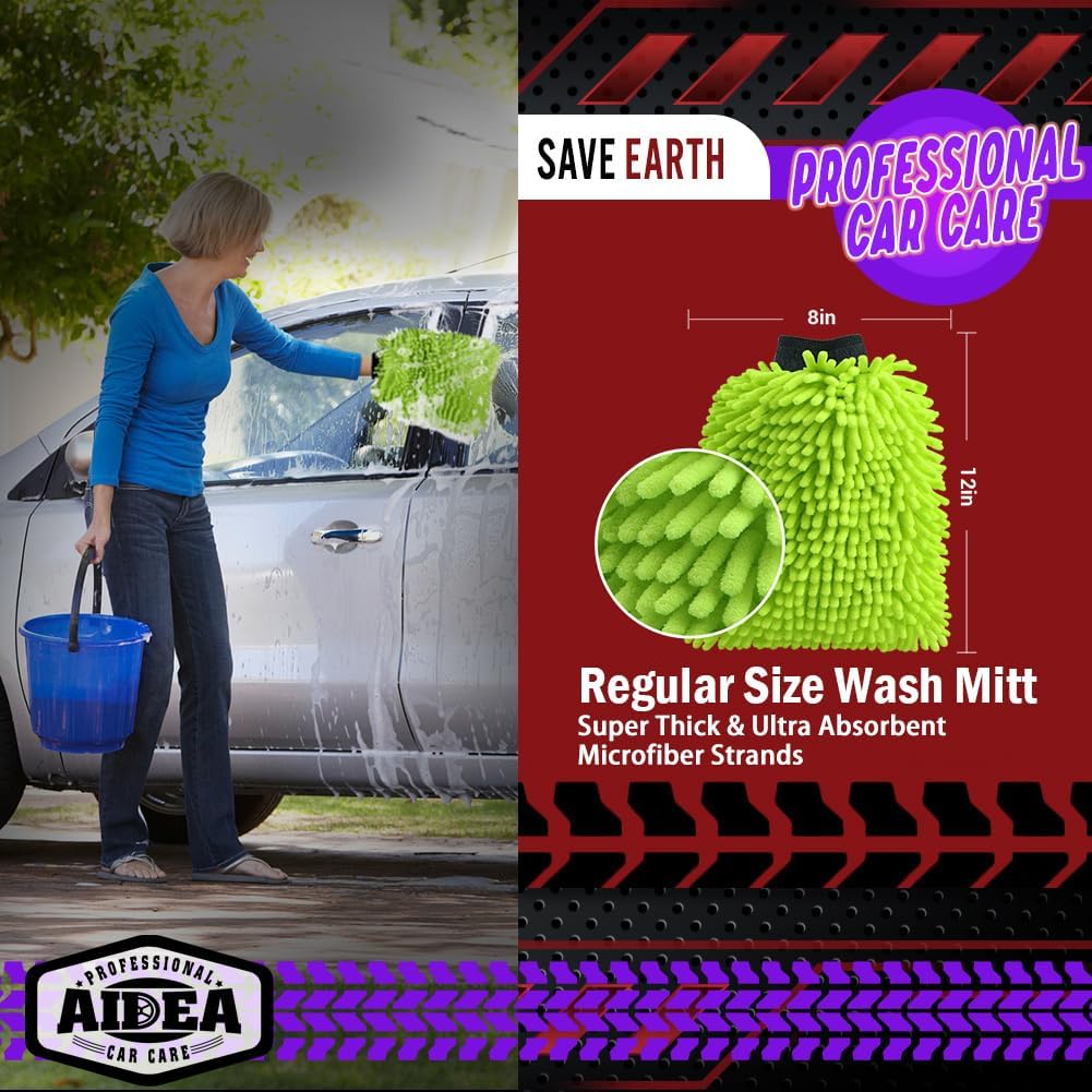 AIDEA Car Wash Mitt Microfiber, 2PK-Scratch-Free& Lint-Free, Premium Chenille Microfiber Wash Mitt-Green Extra Large Size (8''X12'')