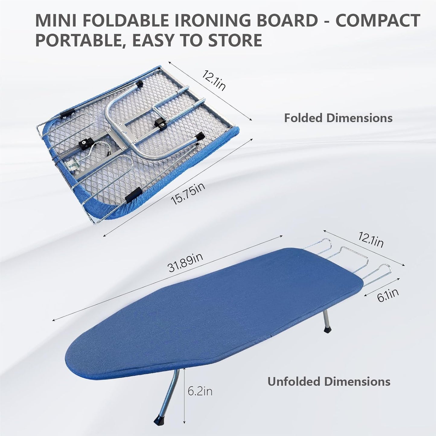 Metal Foldable Tabletop Ironing Board with Iron Rest, Portable Ironing Board Small with Heat Resistant Cotton Cover, Mini Iron Board for Small Space and Travel, 31"x12",Blue