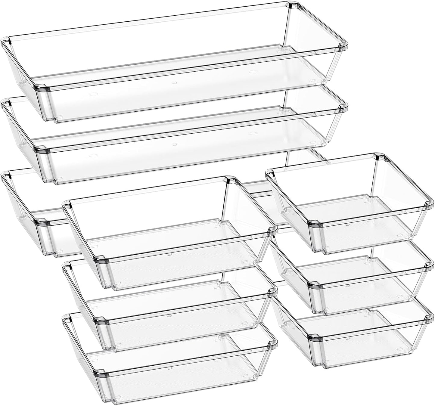 9 Pack Large Clear Plastic Drawer Organizer Trays, Desk Drawer Organizers and Storage Dividers, Non-Slip Storage Bins for Jewelry, Snacks, Office, Bathroom, Bedroom and Kitchen