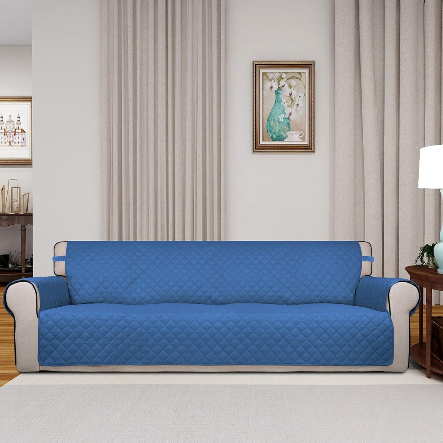 PureFit Reversible Quilted Sofa Cover, Water Resistant Slipcover Furniture Protector, Washable Couch Cover with Non Slip and Elastic Straps for Kids, Dogs, Pets (XX Large, Blue/Ivory)