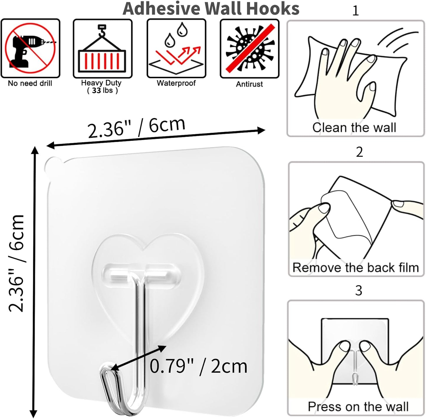 DGYB 30 Pcs Clear Adhesive Hooks for Hanging 22lb Self Adhesive Wall Hooks Heavy Duty Waterproof Transparent Sticky Hooks for Shower Home Bathroom Kitchen Office