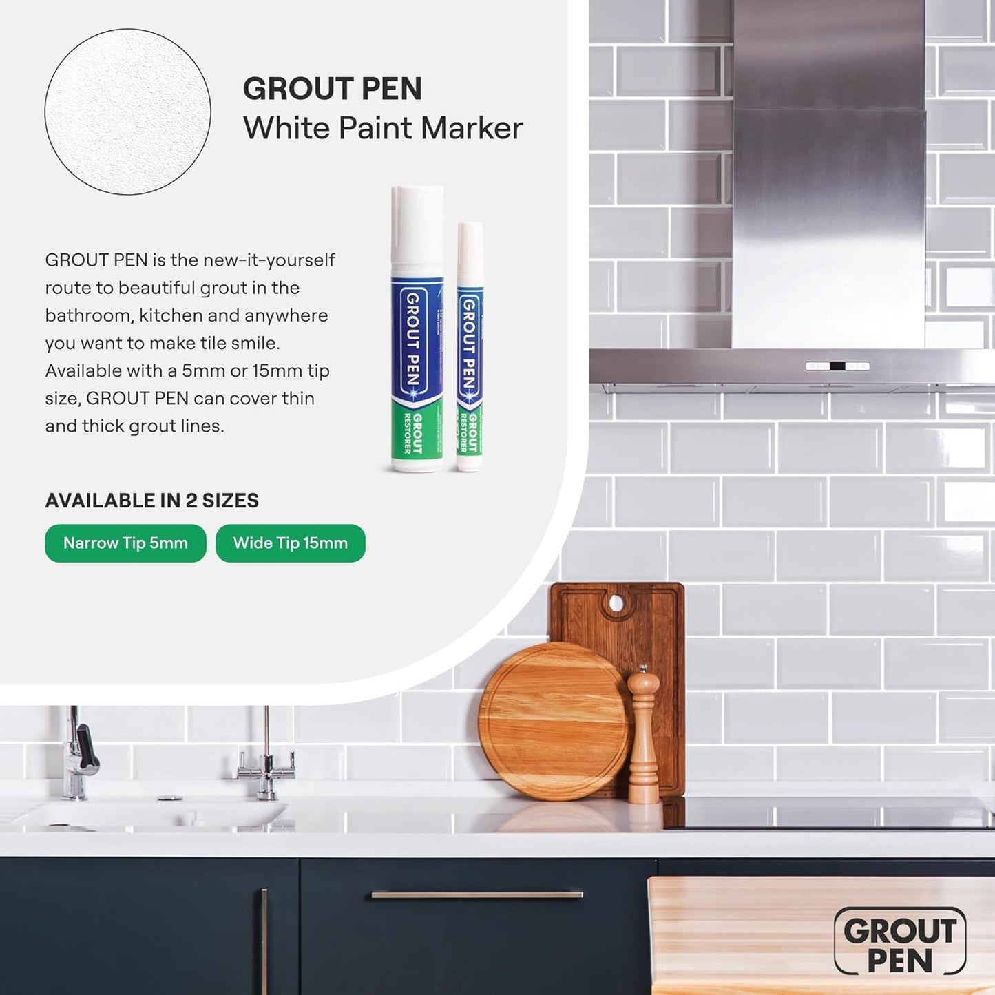 Grout Pen White Tile Paint Marker: Waterproof Grout Paint, Tile Grout Colorant and Sealer Pen - White, Narrow 5mm Tip (7mL)