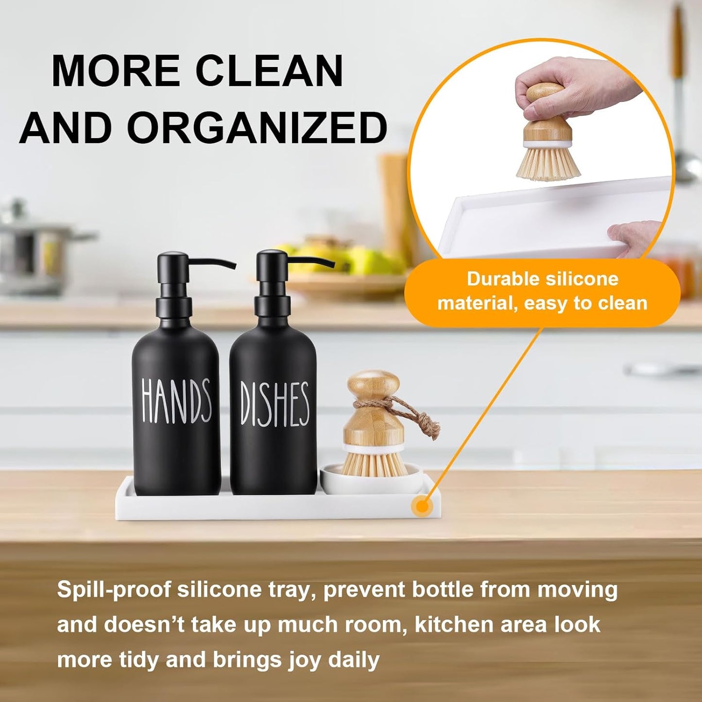 Glass Soap Dispenser for Kitchen,Farmhouse Dish &Hand Soap Dispenser Set, Rustproof Pump with Tray and Dish Brush,Kitchen Decor（Black）
