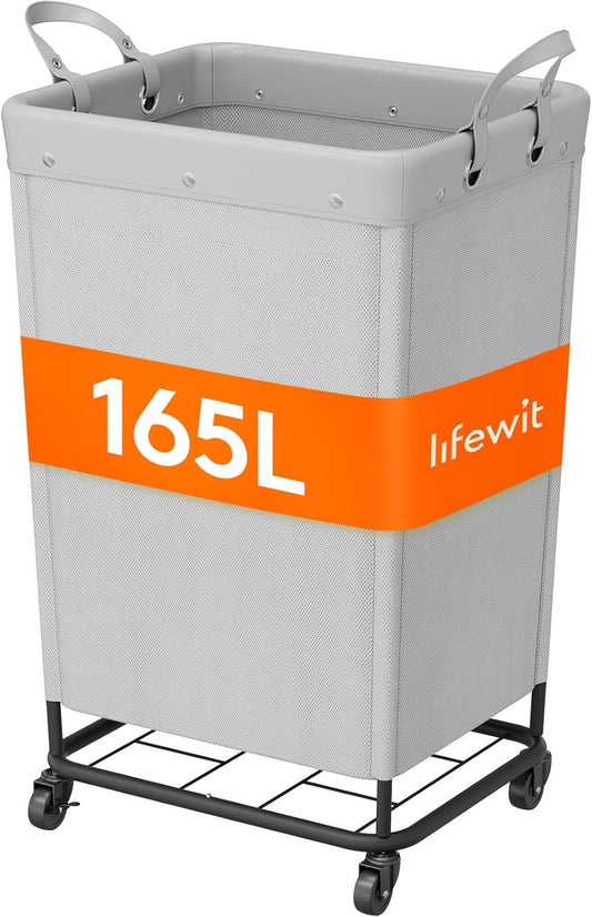 Lifewit 165L Laundry Basket with Wheels, Large Heavy Duty Commercial Rolling Laundry Hamper with Handles, Tall Steel Frame Laundry Cart for Laundry Room Bedroom Hotel Home Dorm, Sliver Gray